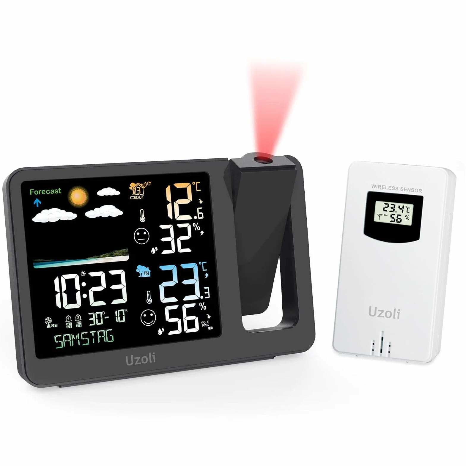 Uzoli Reloj despertador proyector techo Estación meteorológica inalámbrica con sensor exterior Termómetro Higrómetro interior exterior Previsión meteorológica Nivel de confort Riesgo de moho