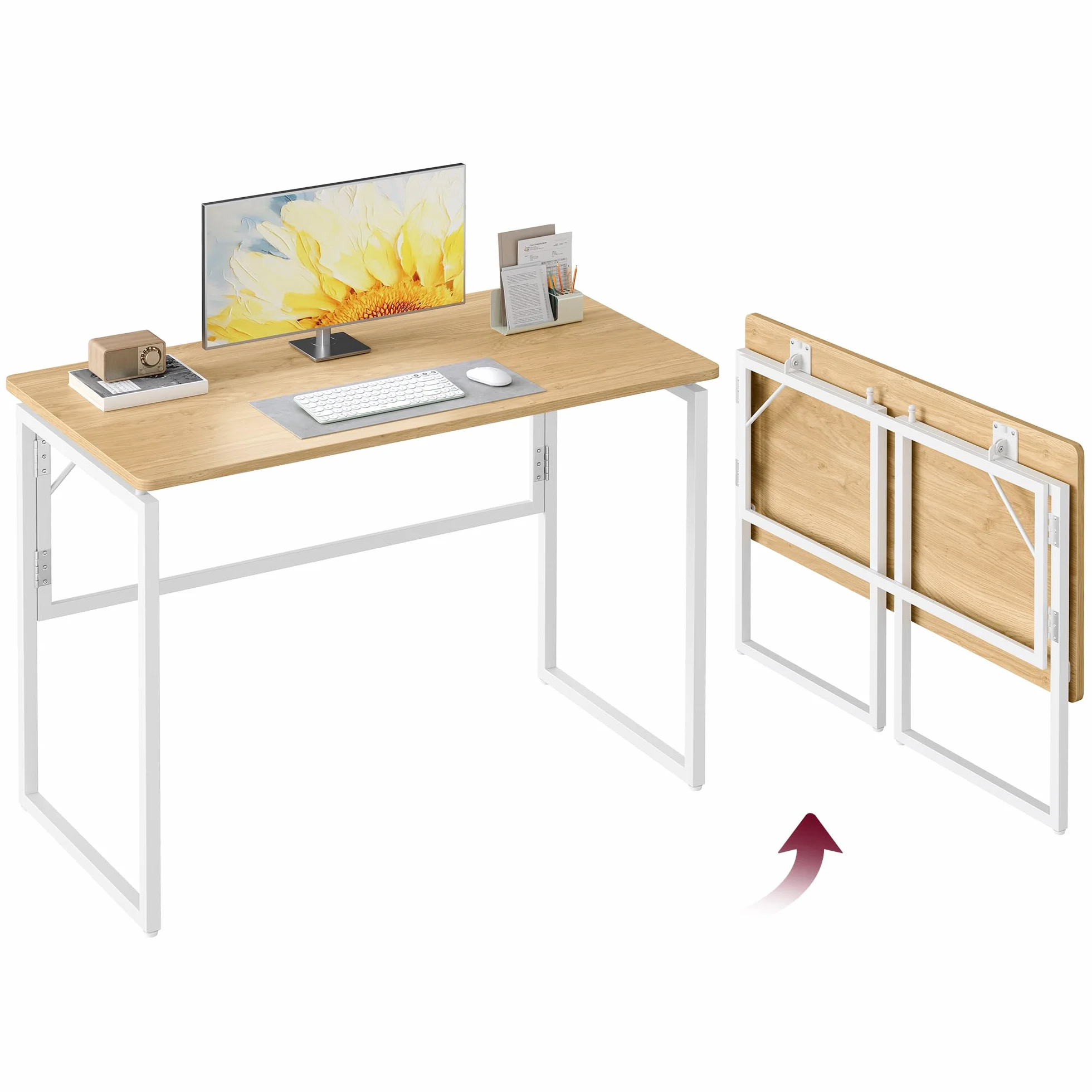 VASAGLE Mesa Plegable, Escritorio Plegable, Tablero de una Pieza, Bordes Redondeados, para Dormitorio, Balcón o Camping, Fácil Montaje, 100 x 50 cm, Roble Natural LWD152YD01