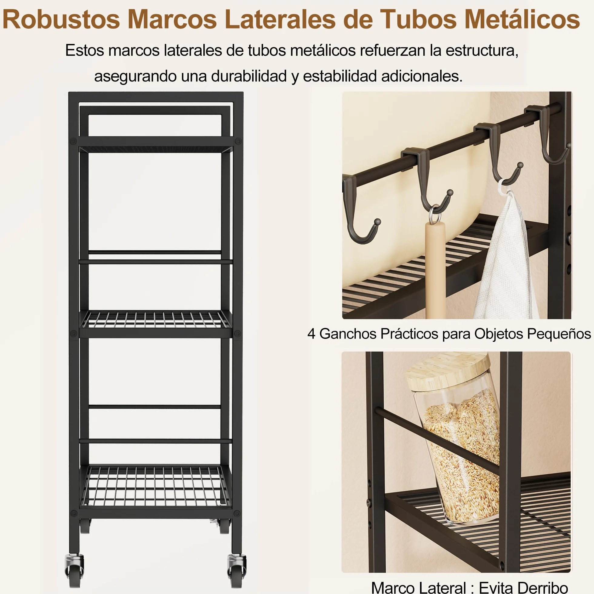 Carro Cocina de 3 Pisos con Estantes Ajustables，Carros de Servicio (Estructura Negra + Panel marrón, 3 Niveles (40 x 60 x 84,7 cm))