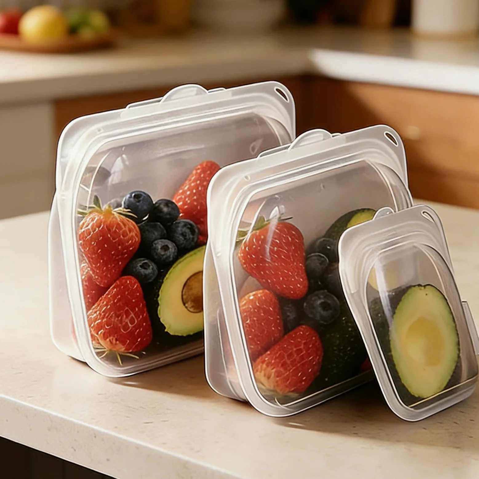 Bolsas Reutilizables para Snacks 3 Recipientes de Silicona para Almuerzo | Bolsas Portátiles para Alimentos Para Loncheras, Viajes, , Preparación de Comidas, Carne, Queso, Verdura y Fruta