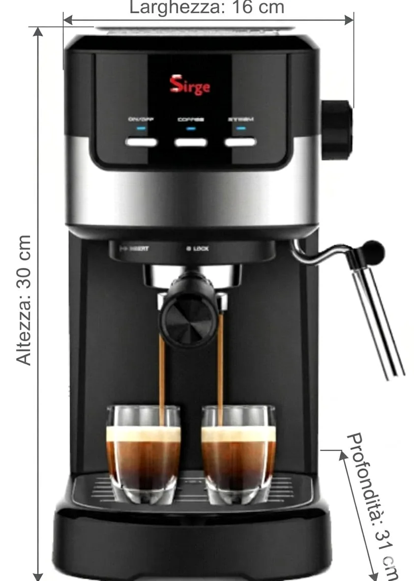 Sirge CREMAEXPRESSO Cafetera, Cafetera Espresso 15 Bares [Bomba italiana] Capacidad 1.2L, 850 W, Espumador de Leche para Cappuccino y Doble removible y Control Tactil, Negro