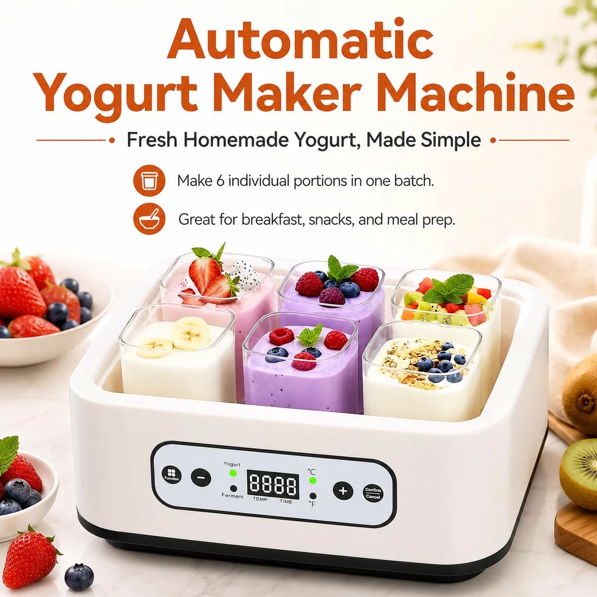 Yogurtera automática de 1000ML con 6 tarros, Control de Temperatura y Tiempo Ajustable de 36 Horas, fácil Limpieza, para Postre Griego casero