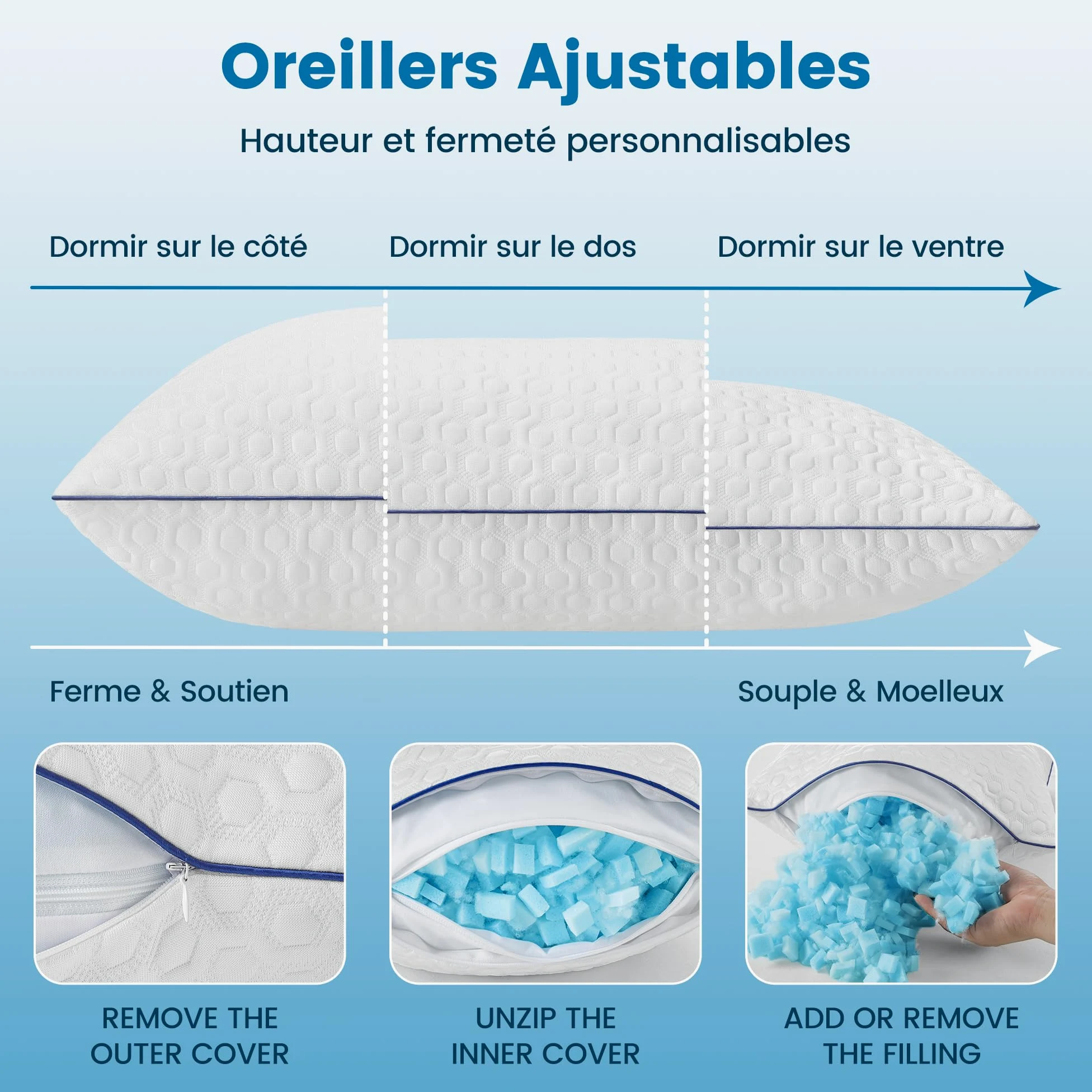 BedStory - Juego de 2 almohadas de memoria (50 x 70 cm), diseño de cereales ergonómicos, con infusión de gel refrescante, funda lavable de seda helada, altura personalizable, hipoalergénica