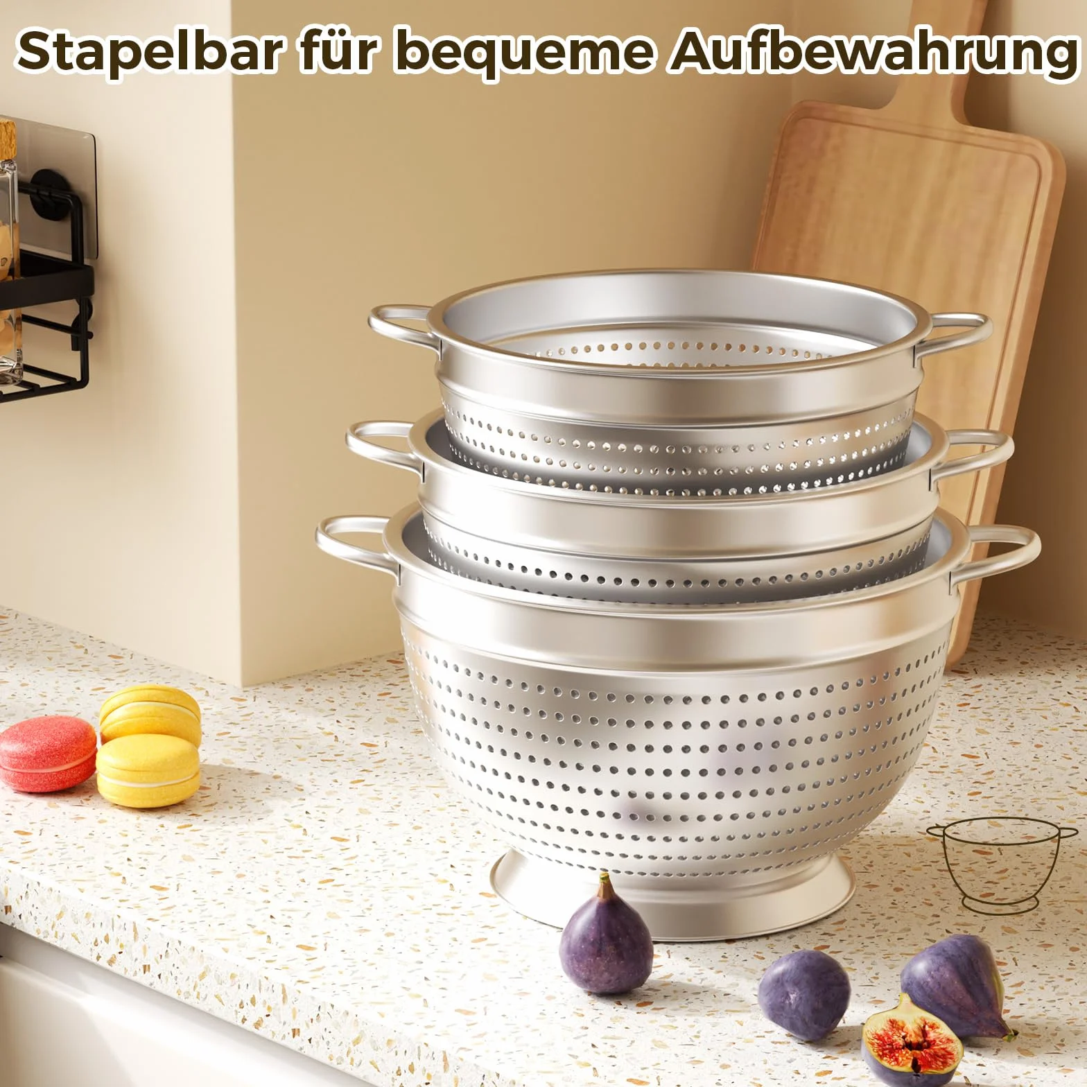 Juego de 3 coladores coladores de acero inoxidable, colador de cocina, colador de pasta de 20/24/26 cm, colador de cocina de metal con asa, colador de malla fina para lavar pasta, verduras, frutas y