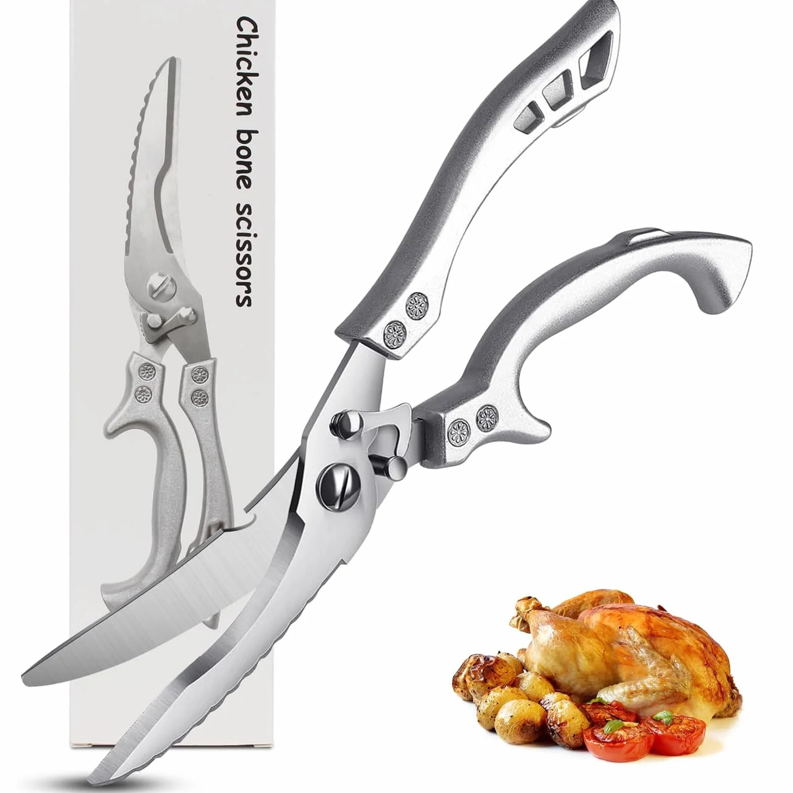 Tijeras para Aves Profesionales de Acero Inoxidable - Cuchilla Dentada, Tijeras de Cocina para Cortar Pollo, Carne con Huesos, Verduras y Pescado