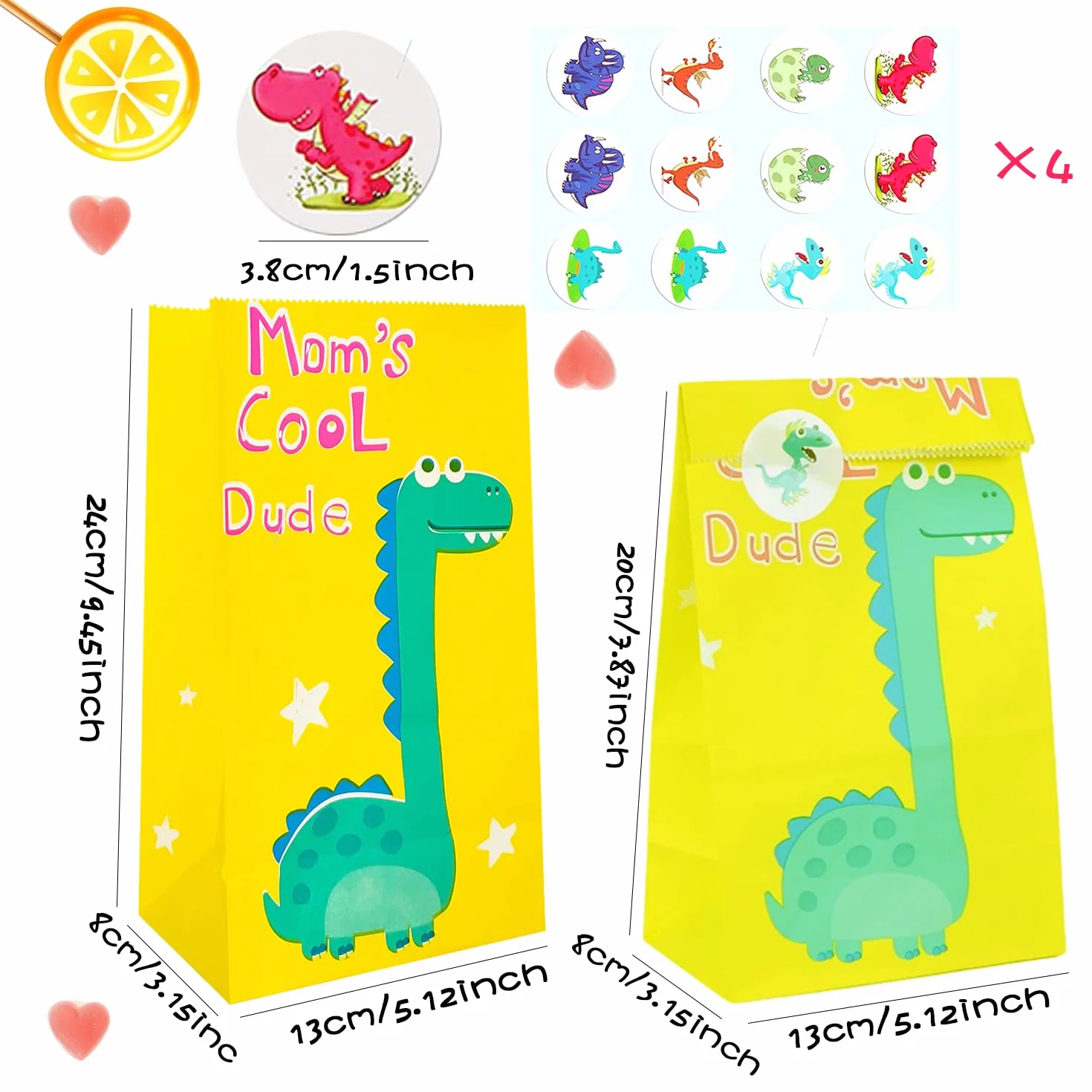 OPPLESIN Bolsas Chuches Cumpleaños Infantil,40 PCS Bolsas para Chuches de Dinosaurios con 48 Pegatinas para Regalos, Fiestas Infantiles, Bolsas Cumpleaños Infantil (13 * 8 * 24cm)