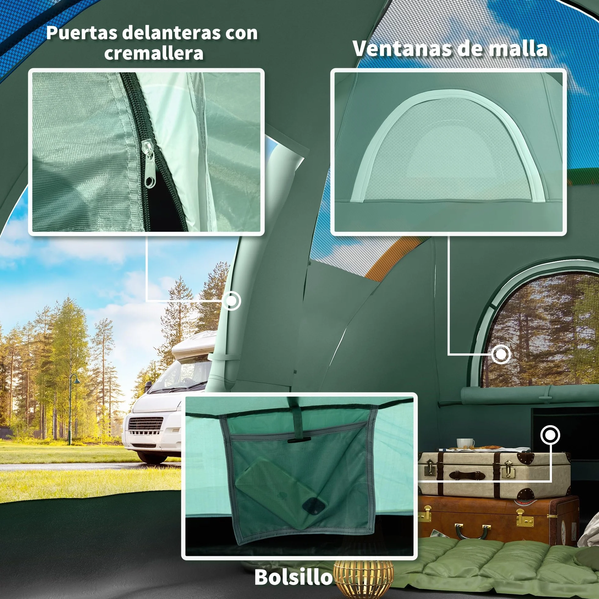 Outsunny Tienda de Campaña Familiar 5 Personas Impermeable 3000mm Túnel 455x220x180 cm