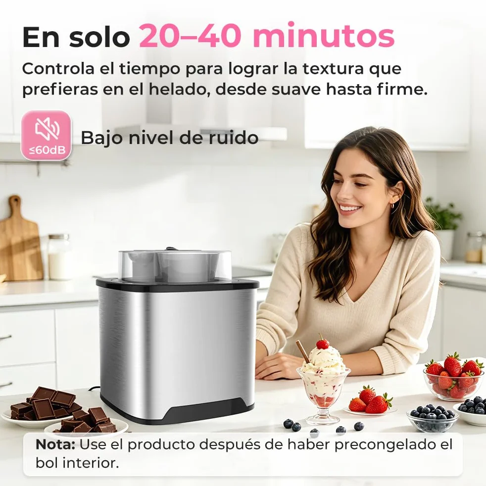 Maquina Hacer Helados 2L Máquina para Hacer Helados Maquina de Helados Profesional Sorbete y Yogur Congela en 30 Minutos, Maquina Helados Soft