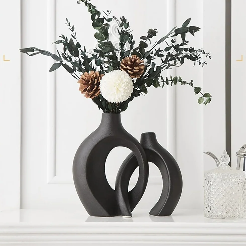 Jarrones de Cerámica,Juego de 2 Jarrones Decorativos Modernos,Centro de Mesa Bohemio para Mesa de Comedor,para Sala de Estar,Dormitorio,Bodas,Centro De Mesa De Fiestas(Grande + Pequeño)