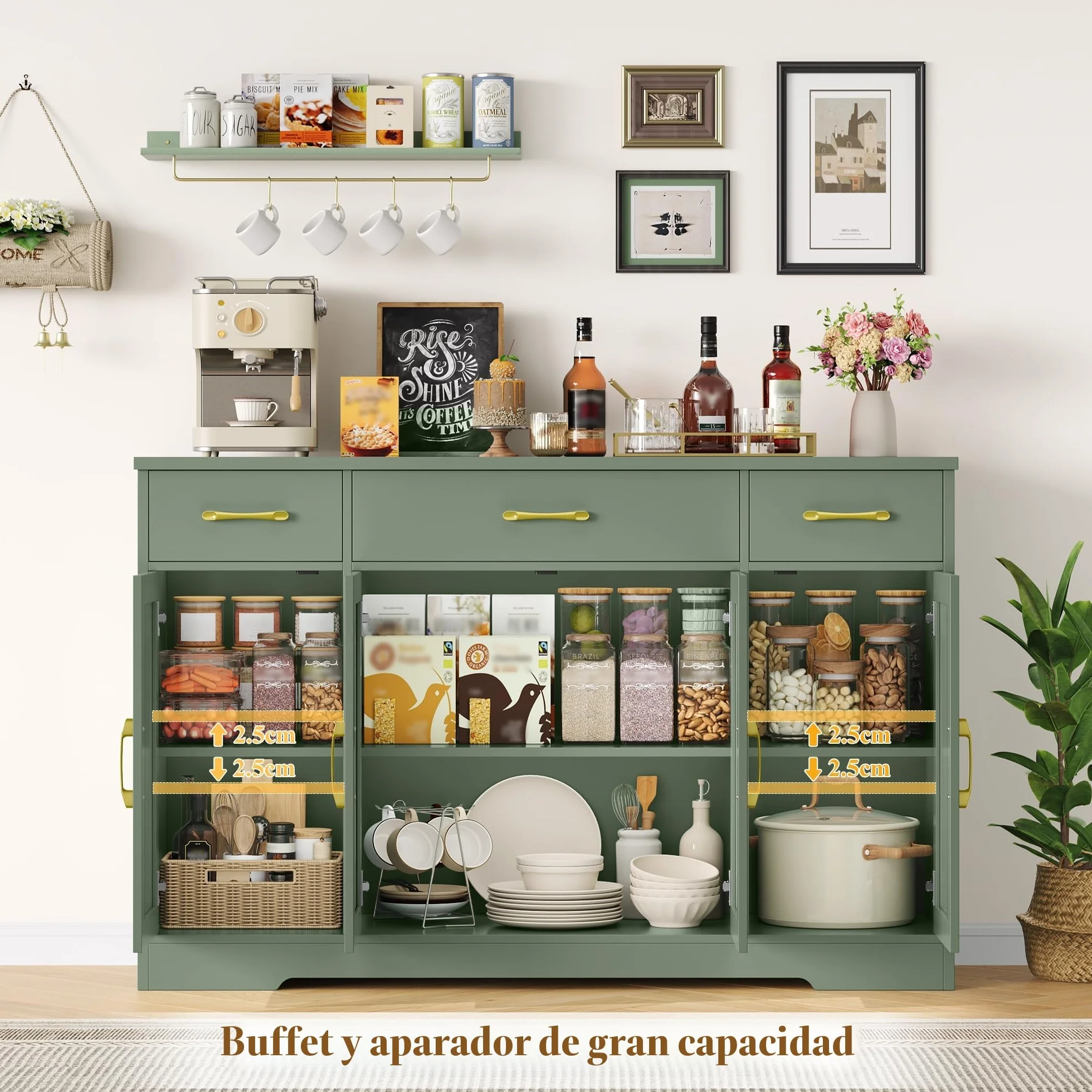 HOCSOK Aparador 140cm, Armario de Cocina, Armario Almacenaje con 4 Puertas y 3 Cajones, Mueble Auxiliar de Cocina con Estantes, para Comedor Entrada Salón, Verde