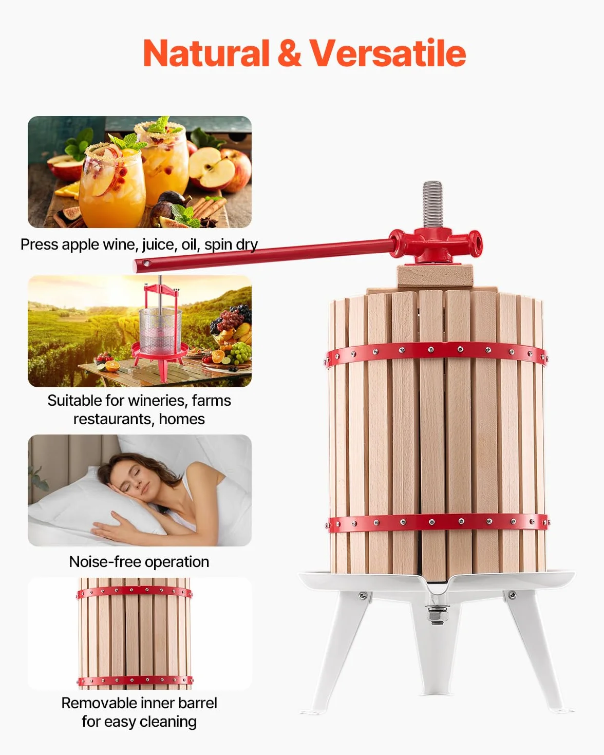 VEVOR Prensa de Vino de Frutas 18 L, Cesta de Madera Maciza con 8 Bloques, para Hacer Sidra, Manzana, Tintura, Miel, Aceite de Oliva con Mango para Cocina, Hogar, 640 x 370 x 705 mm, Vertical