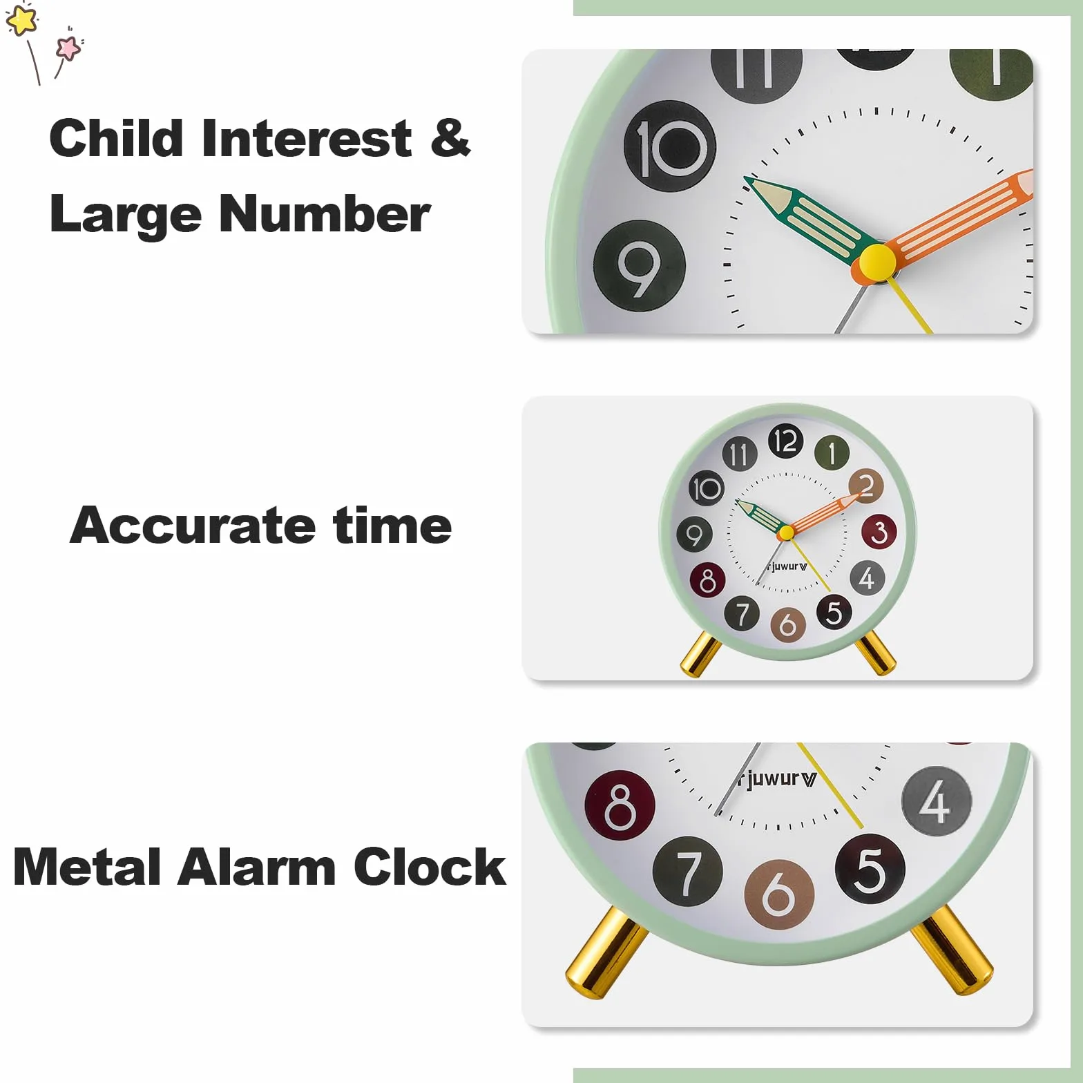 rjuwurv Reloj despertador de metal súper silencioso, reloj despertador de escritorio, reloj despertador para dormitorio, reloj despertador de interés infantil (negro)
