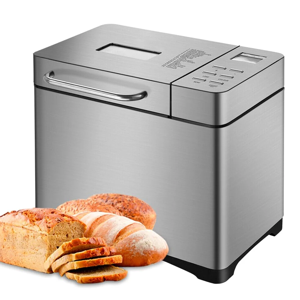 Panificadora de acero inoxidable, 650 W, 19 programas, compartimento automático para ingredientes, para 500 g, 750 g y 1000 g, color plateado
