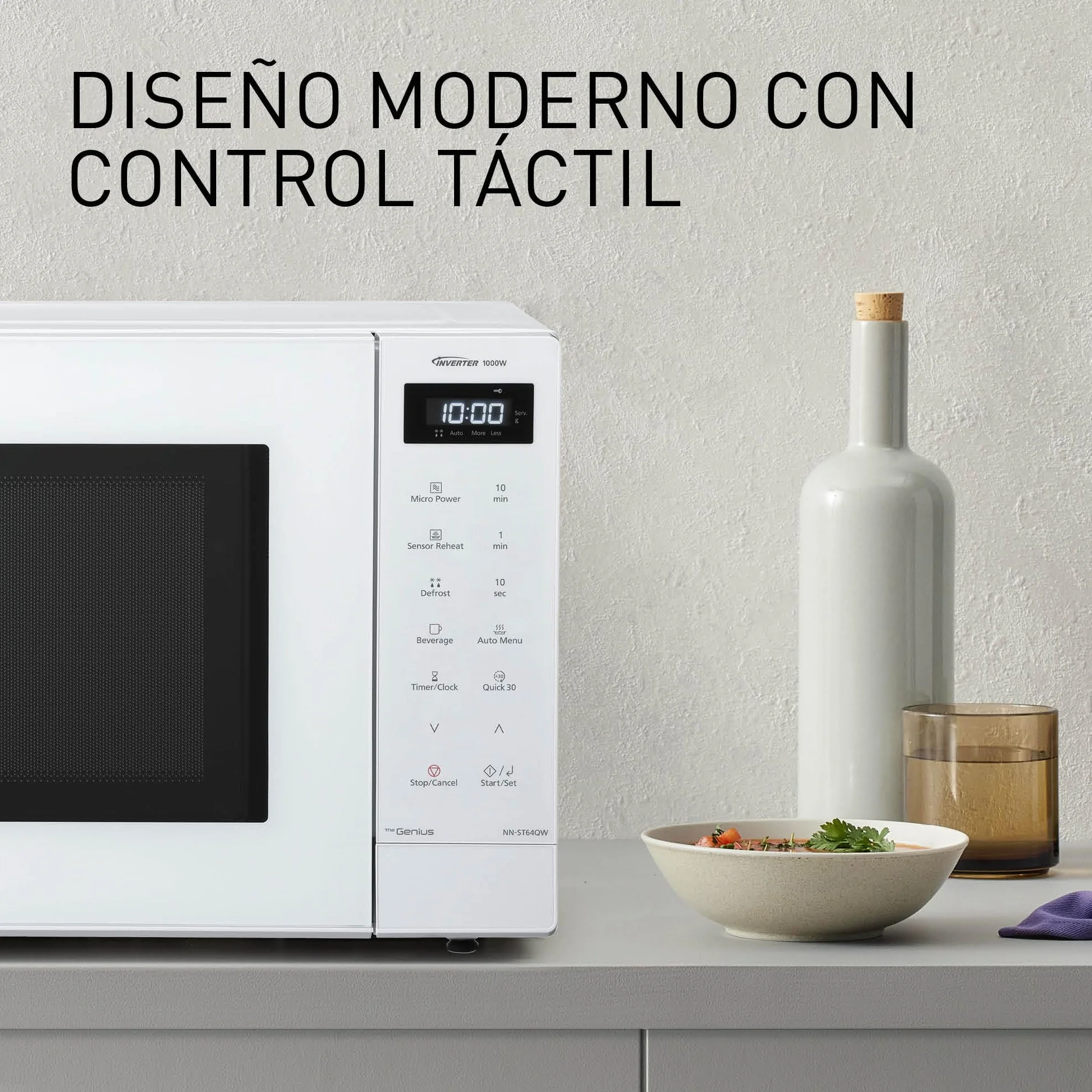 Panasonic NN-ST64QWEPG Microondas Solo Inverter 32L, 1000 Vatios Potencia, 20 programas automáticos, Función Quick 30, Control Táctil, Cocción Uniforme y Descongelación, Blanco
