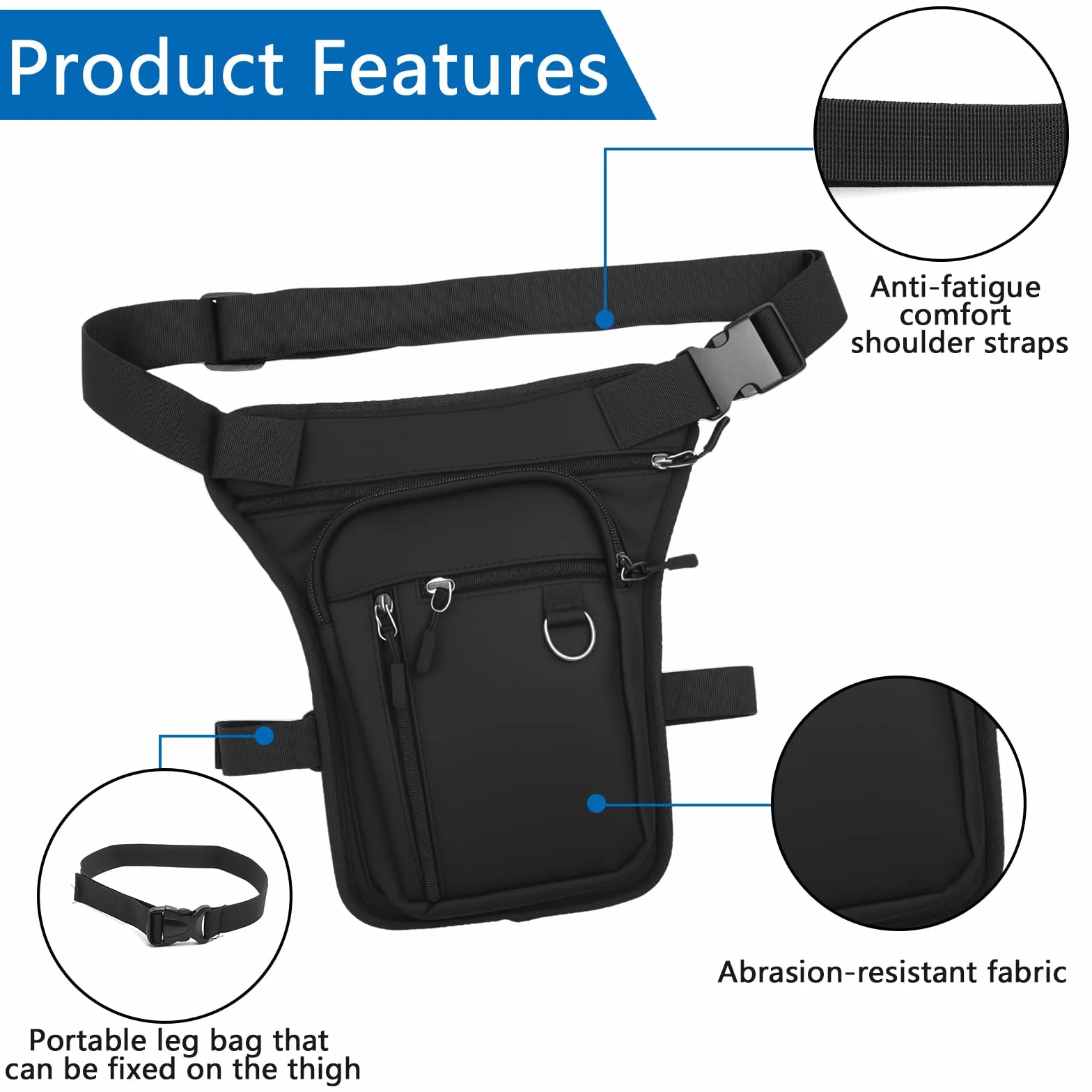 Riñonera Negra Impermeable Moto Bolsa Pierna Ajustable Multiusos para Acampada Senderismo Ciclismo Running