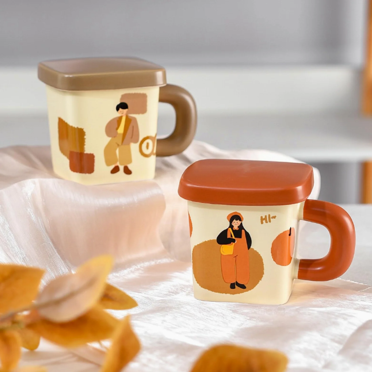 Taza cuadrada de cerámica de 380 ml con tapa, color verde, 380 ml