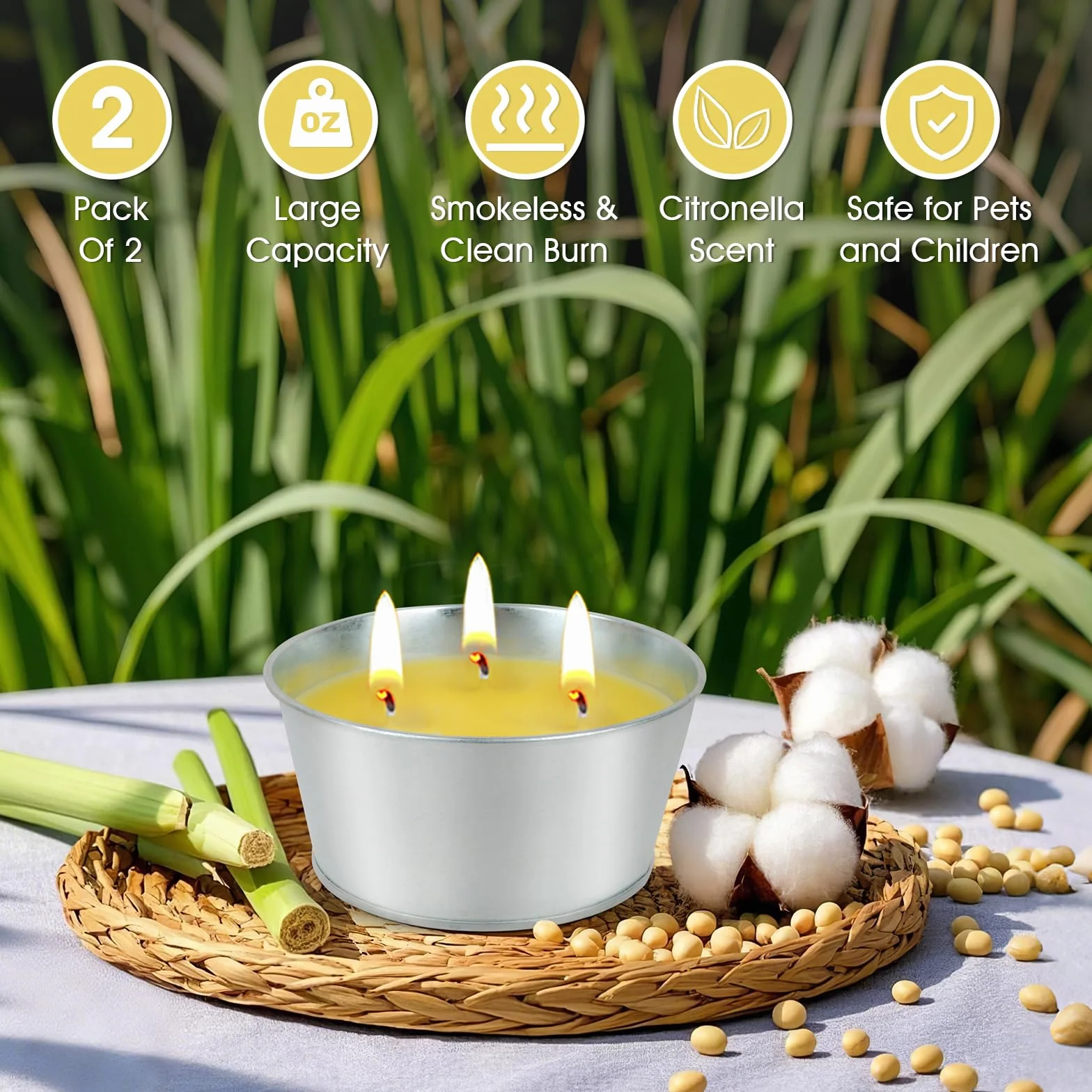 Lote de 2 Velas Grandes de Citronela - 120 Horas de Duración con 3 Mechas Vela Aromática de Cera de Soja Natural de Duración - Ideal para Jardines, Terrazas, Camping e Interiores