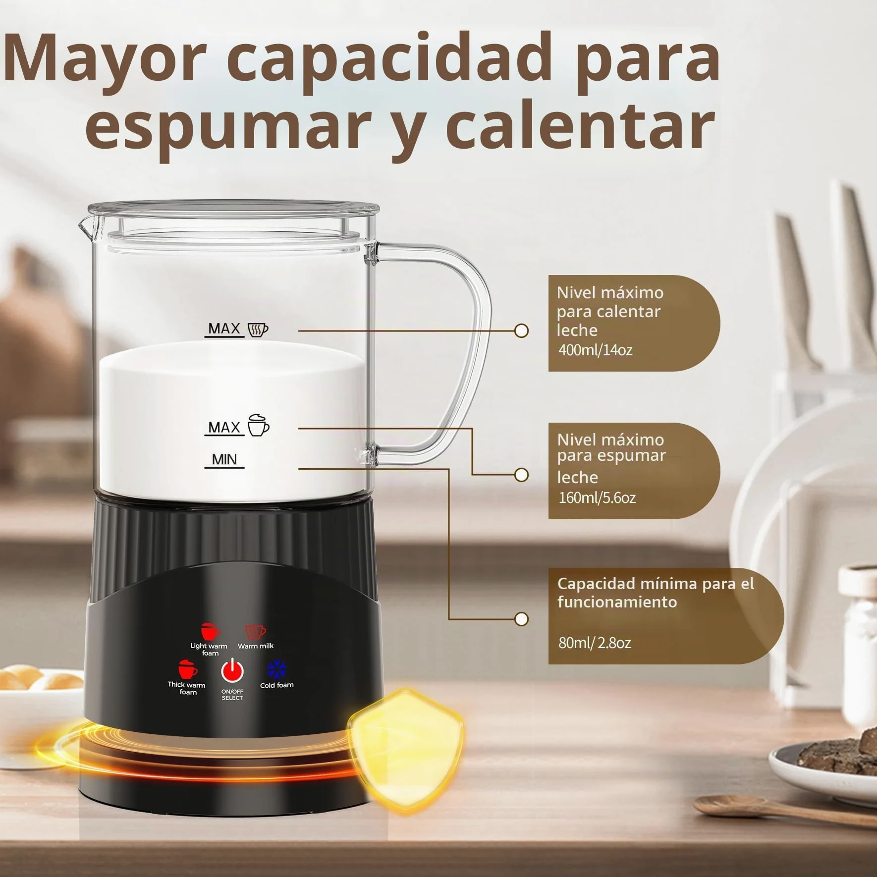 OMISOON Espumador de leche eléctrico 4 en 1 de 400 ml, espumador de leche automático de inducción de 500 W, apagado automático, para espuma de leche fría y caliente, latte macchiato, capuchino, negro