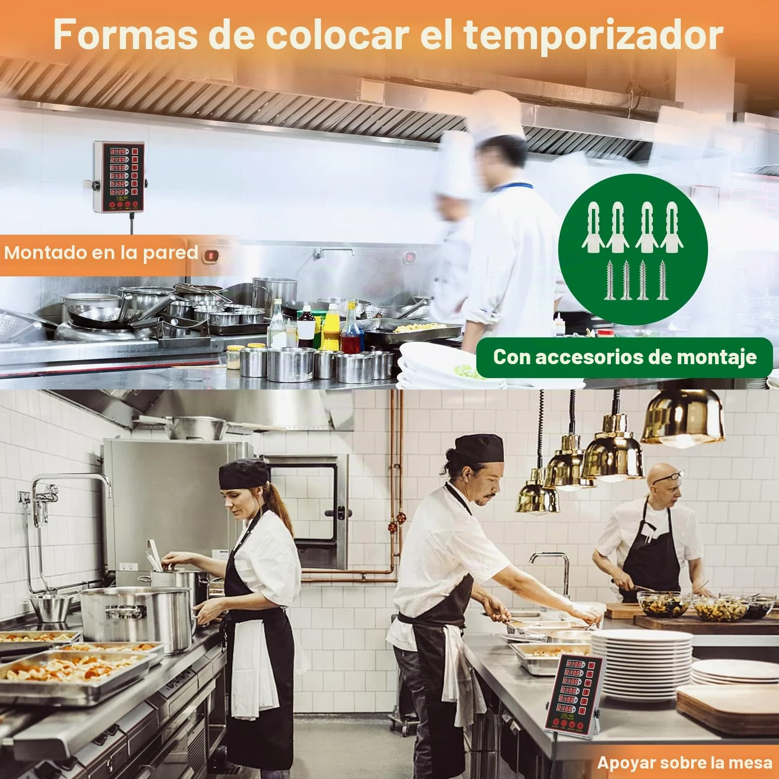 Temporizadores de Cocina de 6 Canales, Reloj de Cocina para Restaurantes Comerciales, Cronometro Digital Profesional, Pantallas LED, Fuertes Sirenas, Volumen Regulable, Función recordatorio