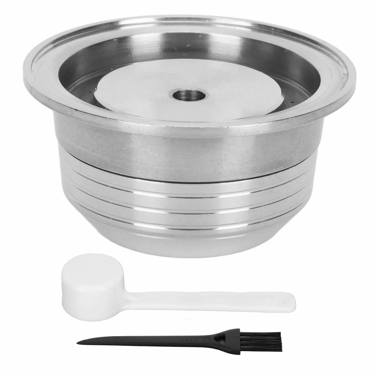 Cápsula de café reutilizable con tapa, cápsula recargable de acero inoxidable para, taza de cápsula de superficie lisa con cuchara y cepillo incluidos, para uso en el