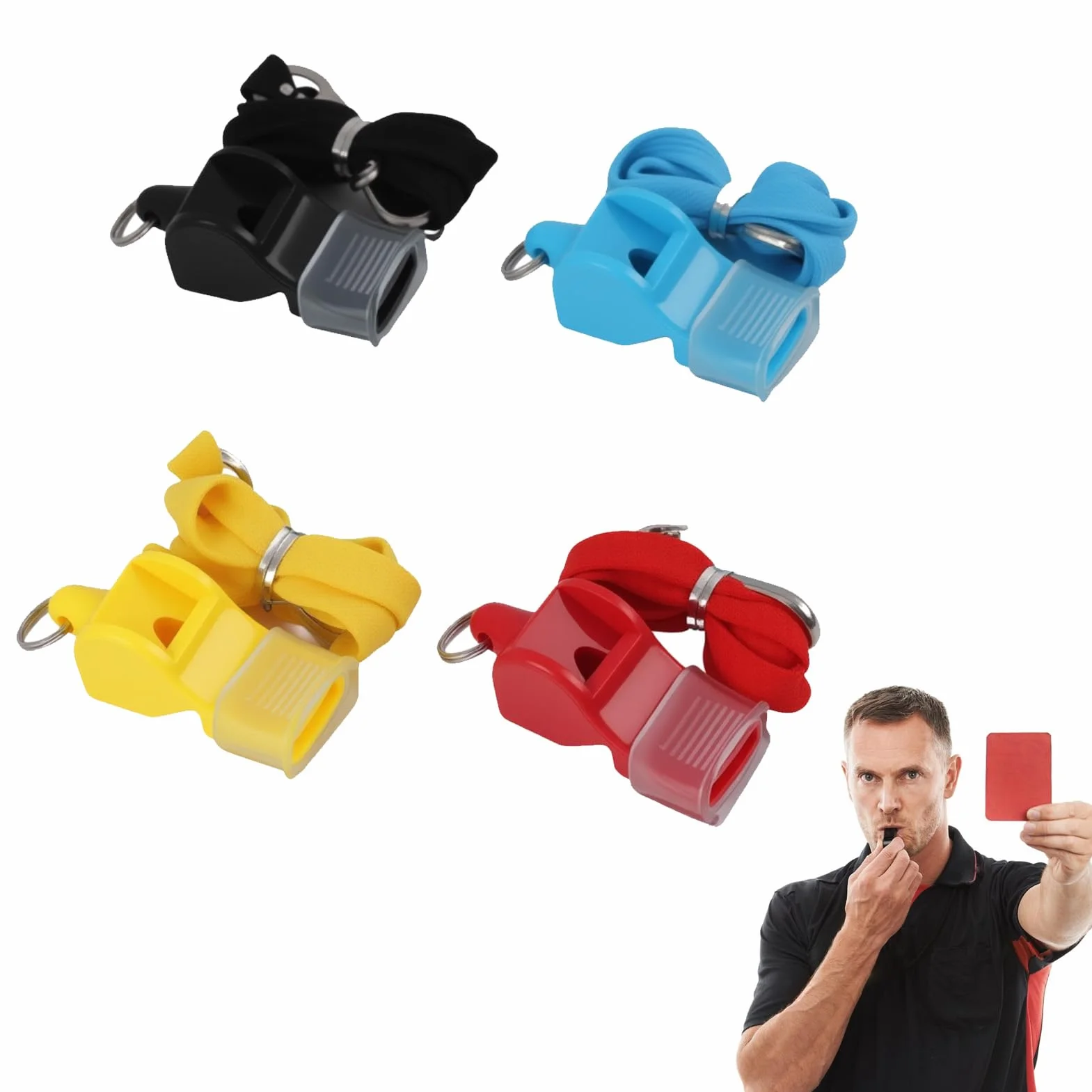 Silbatos Deportivos Profesionales 120 dB con Cordón ABS Resistente 4 Colores para Árbitros Entrenadores Salvavidas