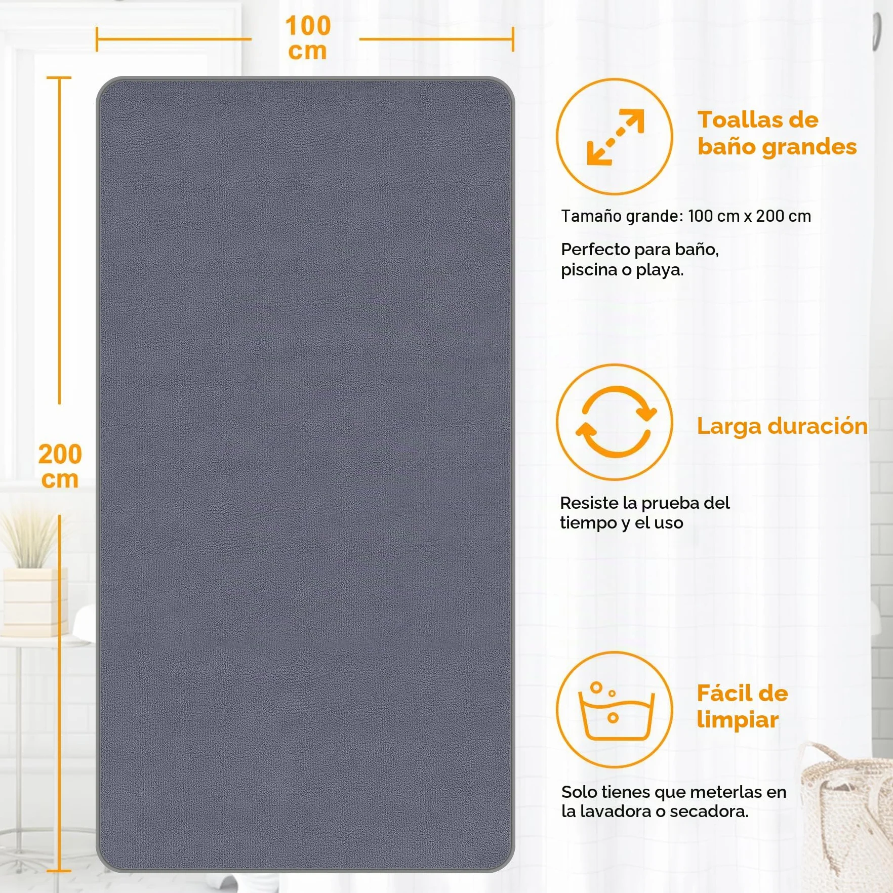 Toallas de Baño XXL, Jumbo de Lujo 100 x 200CM - Microfibra Algodón Ring Spun, Toalla de Sauna Grande, Suave y de Secado Rápido - para Casas, Hoteles y Spas, Altamente Absorbentes (Gris)