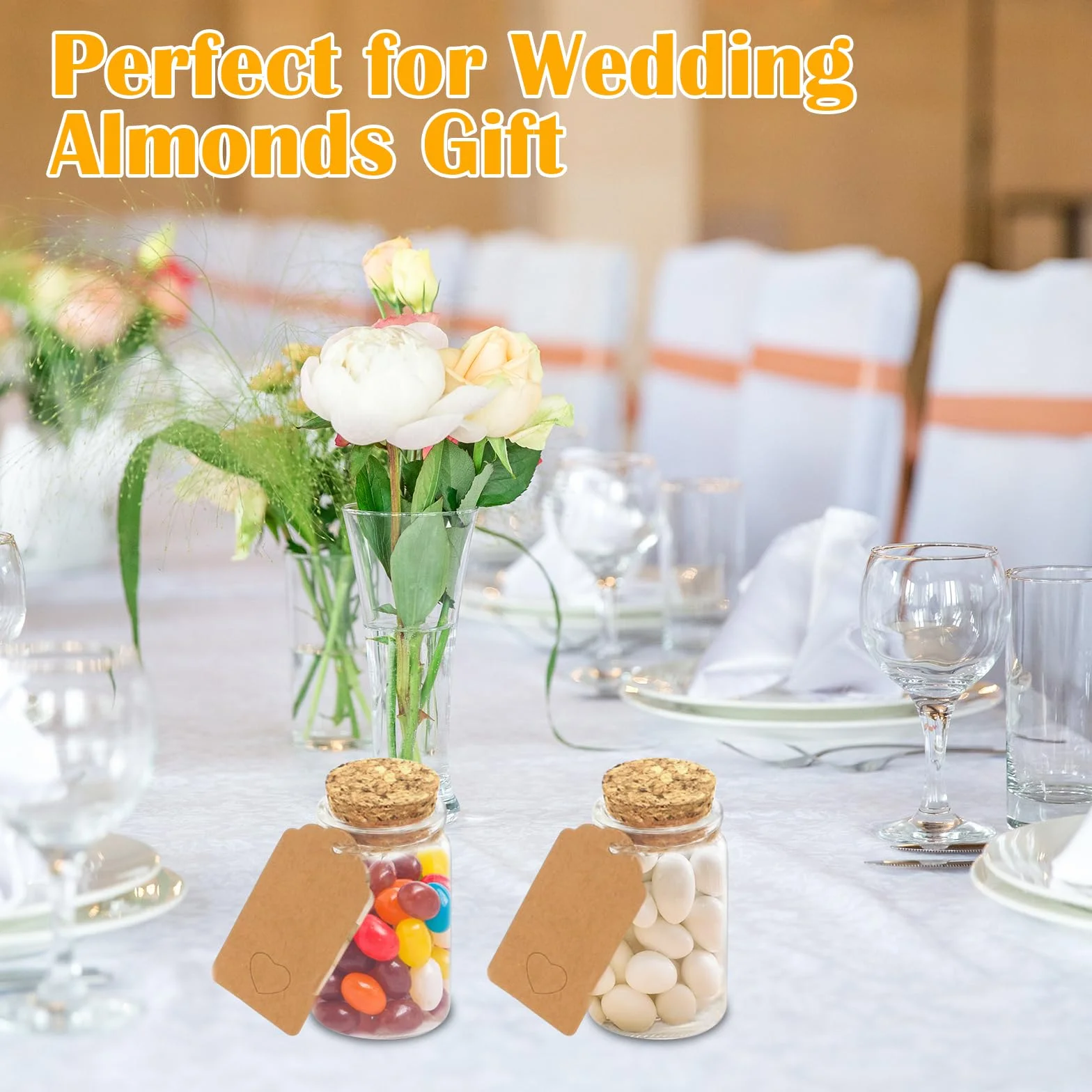 30 Piezas Mini Botellas de Cristal con Tapon Corcho, 36ml Botes Pequeños para Boda de Almendras, Botellitas Frascos de Vidrio con Colgante en Forma de Corazón, Regalitos Invitados Bodas