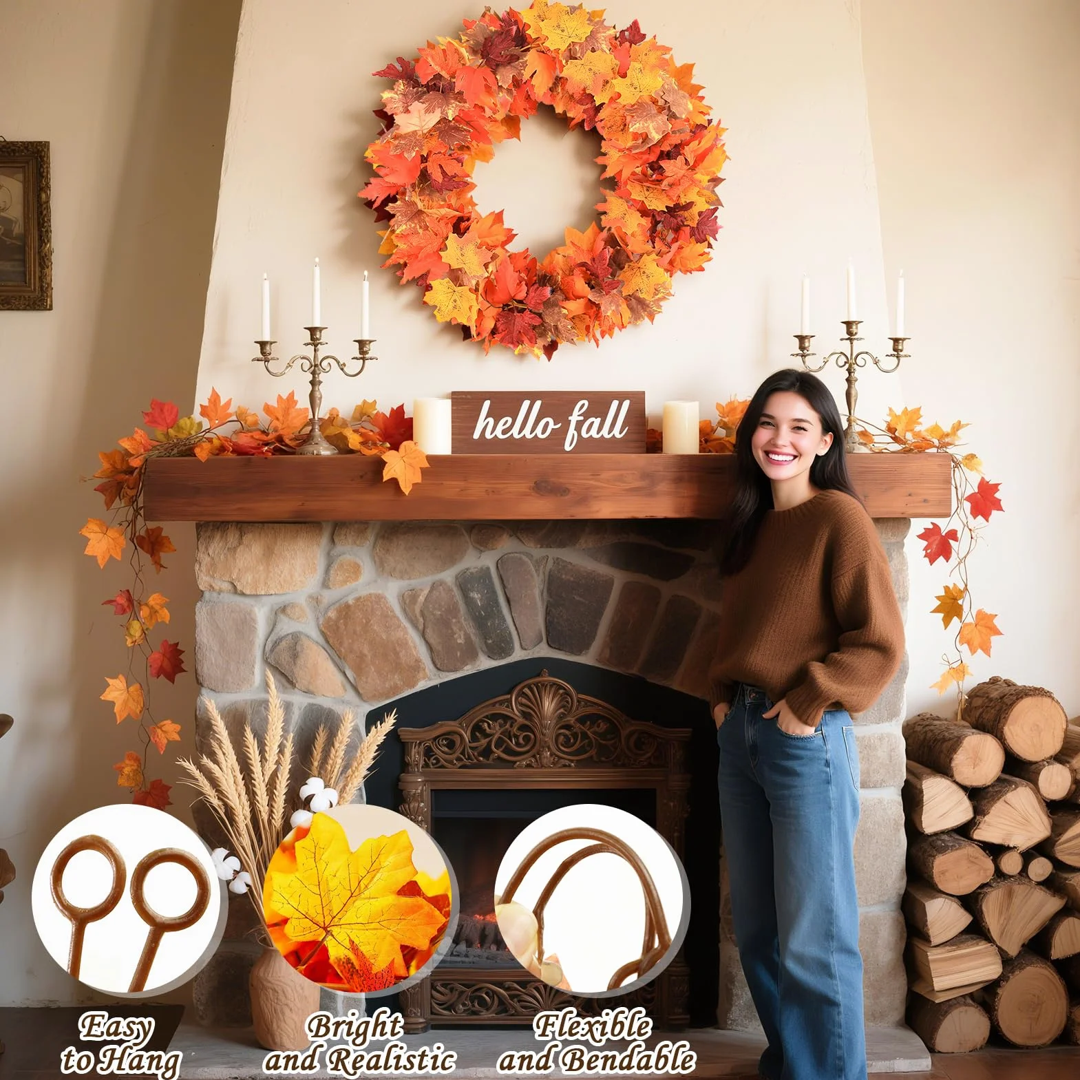 2 Pack Guirnalda de Hojas de Arce Artificial - Total 3,6 m Decoración de Otoño para Thanksgiving, Halloween, Navidad - Decoración de Chimenea, Bodas, Fiestas (Burdeos, Oro, Naranja)