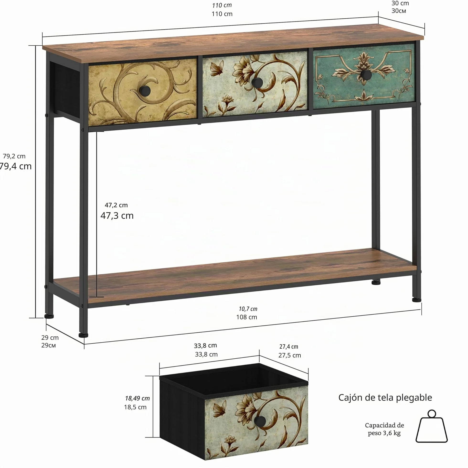 VEDECASA Mesa consola mesa auxiliar con 3 cajones de tela, mesa de pasillo con estantes de almacenamiento abiertos, mesa de entrada, mesa de sofá para pasillo, salón, dormitorio, madera, marco de