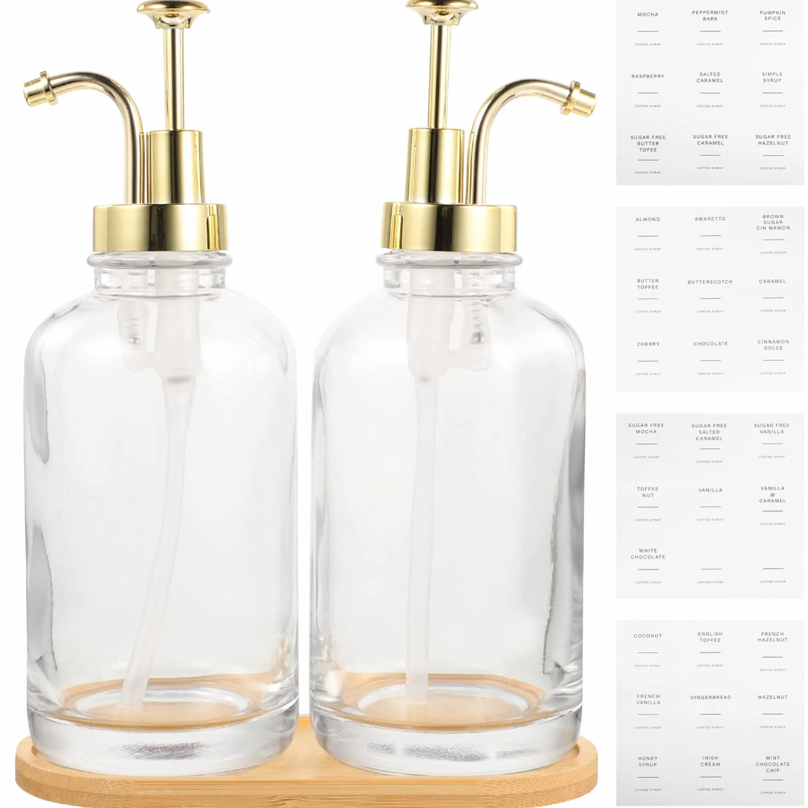 Homoyoyo Botellas de Jarabe de Café de Vidrio 200 Ml Bomba Dorada y Diseño Transparente, Dispensador de Jarabe Multiusos para Cafetería y Cocina, Set de 2 Unidades Soporte y Pegatinas