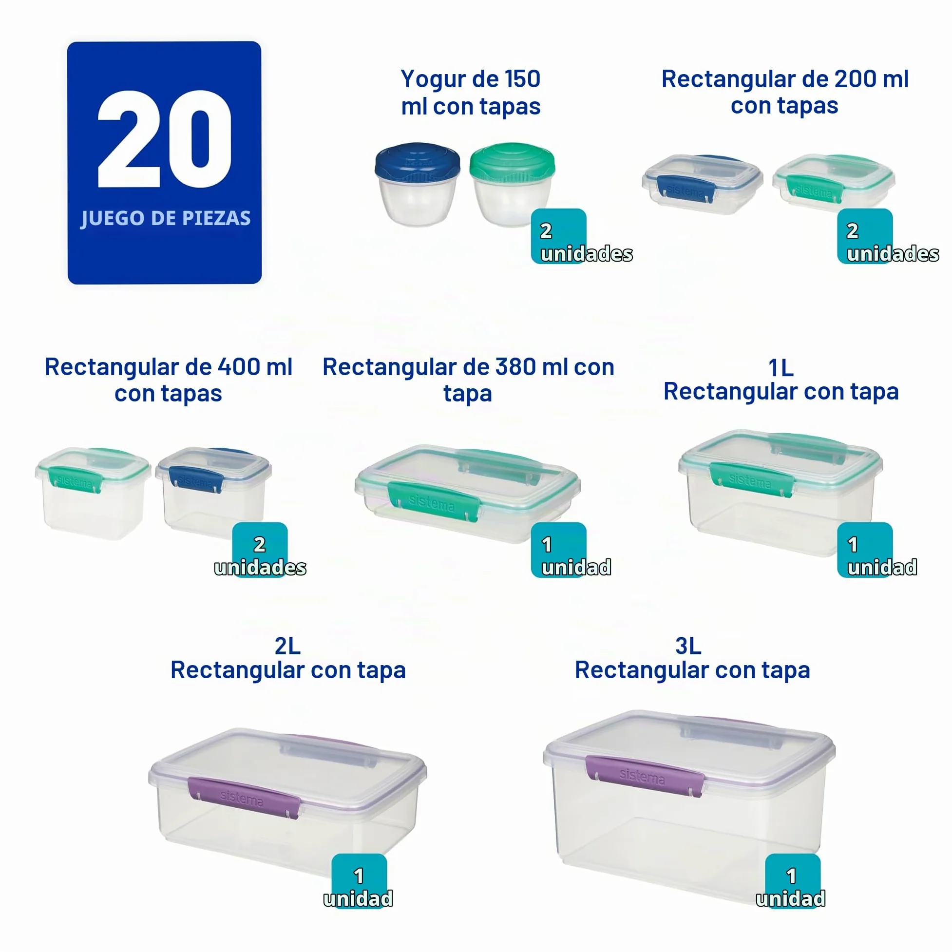 Recipientes para conservar alimentos Sistema | recipientes con tapa para preparar comidasfiambrerastáperes pequeños y más | Apilables y herméticos | Sin BPA | 20 unidades