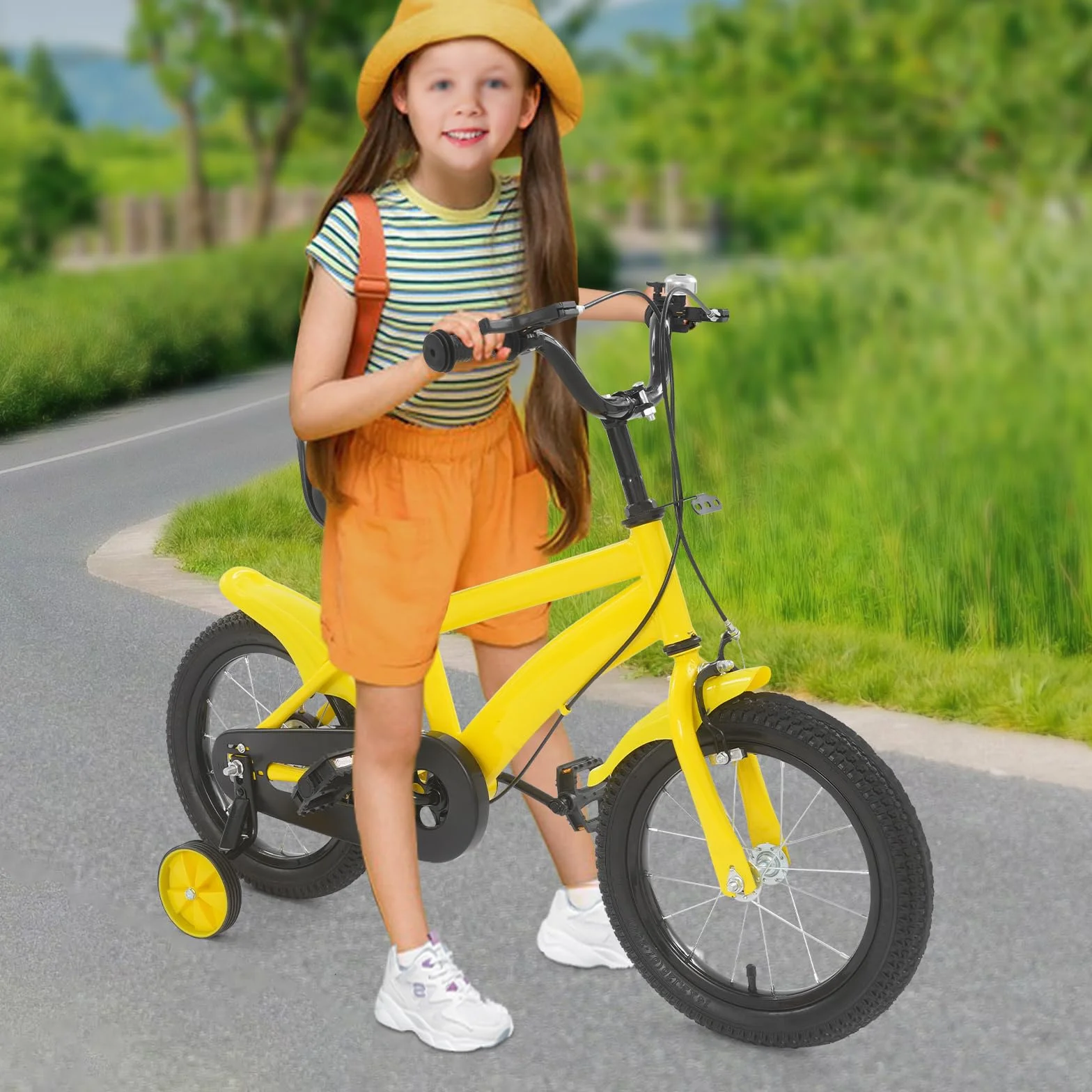 Bicicleta infantil 14 pulgadas ruedas estabilizadoras guardabarros asiento ajustable 43-49 cm amarillo negro