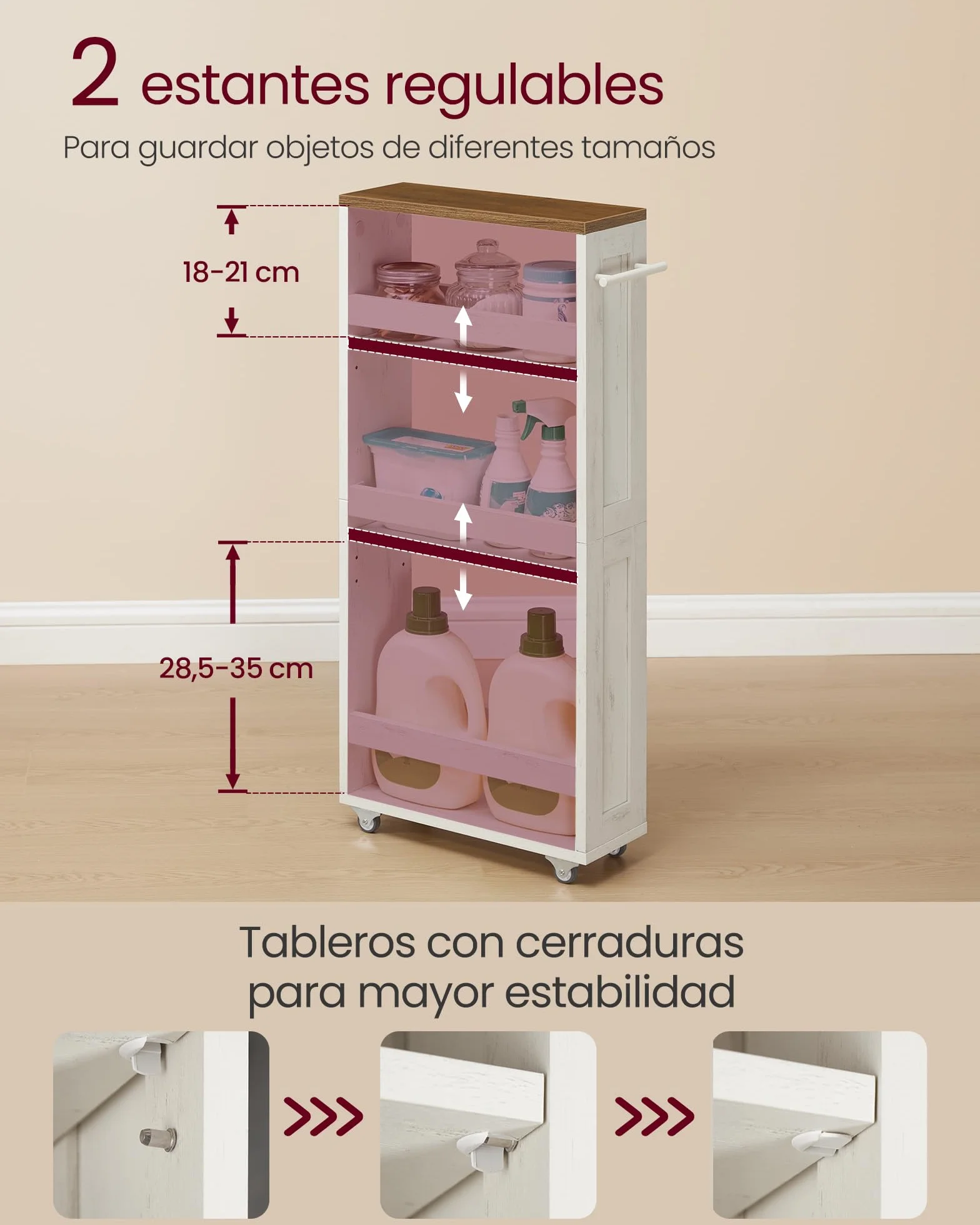 VASAGLE Carrito de Almacenaje Delgado de 4 Niveles, Estante de Cocina con Ruedas, con Asa, Espacio Pequeño, 15 x 43,2 x 86,5 cm, Baño, Lavandería, Blanco Rústico y Marrón Miel LRC050K01