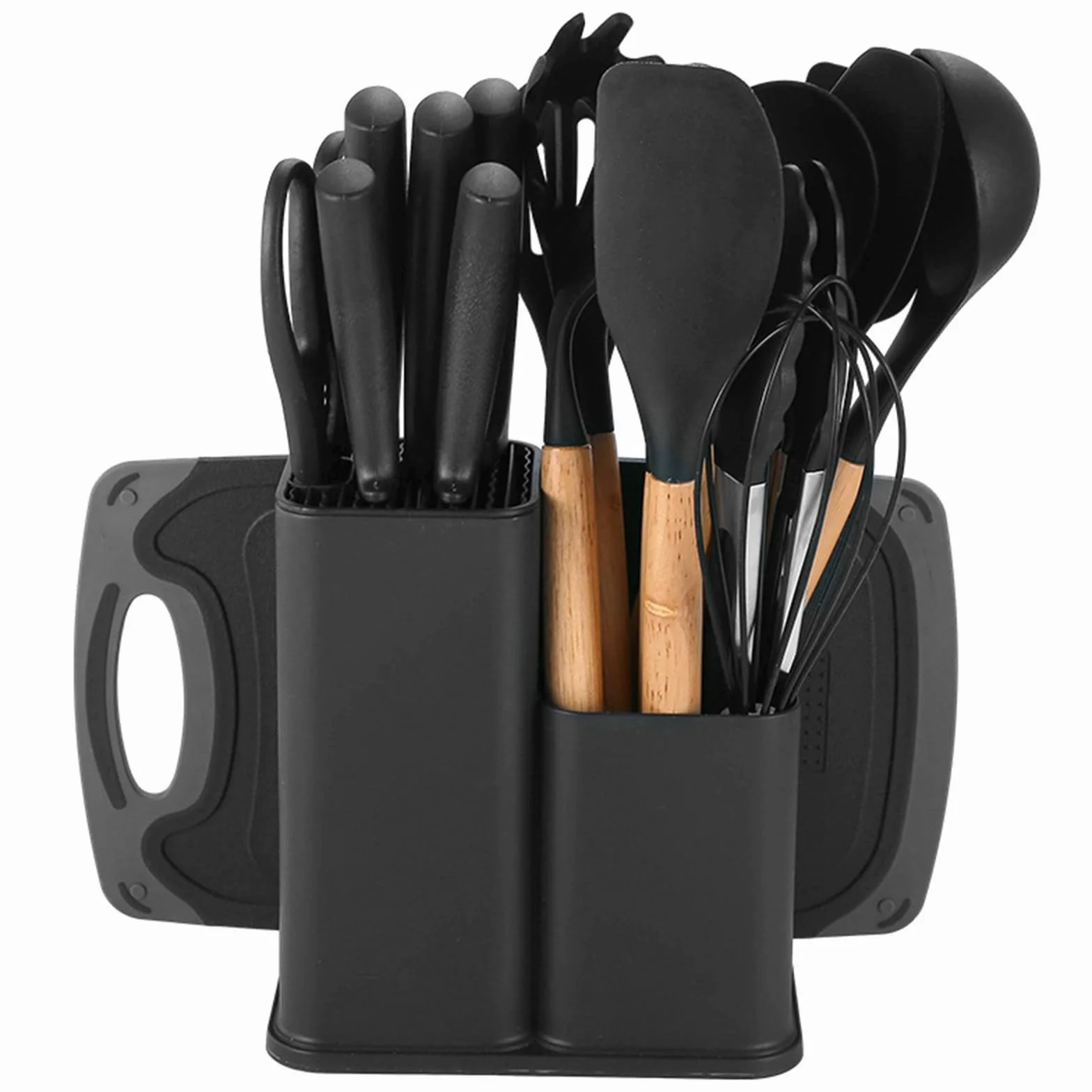 Juego De 19 Utensilios De Cocina De Silicona con Cuchillos De Acero Inoxidable Y Soporte De Almacenamiento; Kit De Herramientas De Cocina Antiadherentes con Mangos De Madera Black