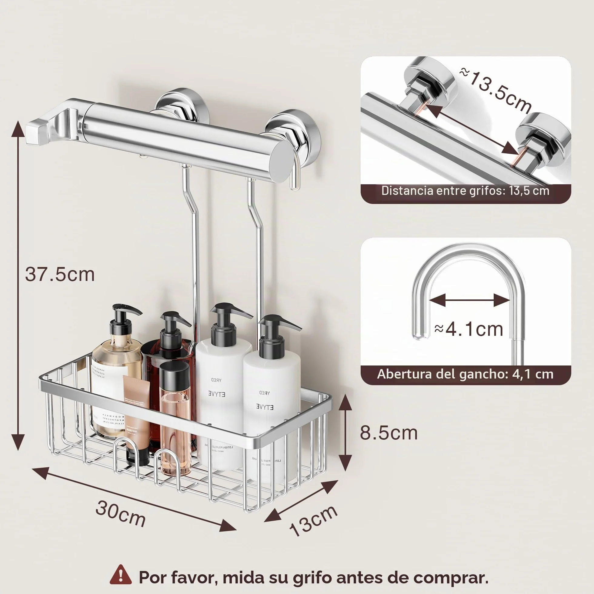 Cesta de ducha colgante, no requiere taladrar, guardar champú o jabón, acero inoxidable SS304, 30 x 13 x 8,5 cm