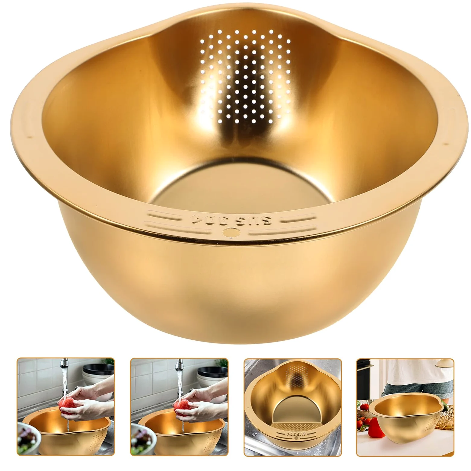 Cesta de Lavado de Acero Inoxidable Dorado para Cocina, Multiusos | Malla Fina, Enjuague de Arroz y Verduras, Superficie Lisa, Elimina Impurezas y Sedimentos, Uso Diario