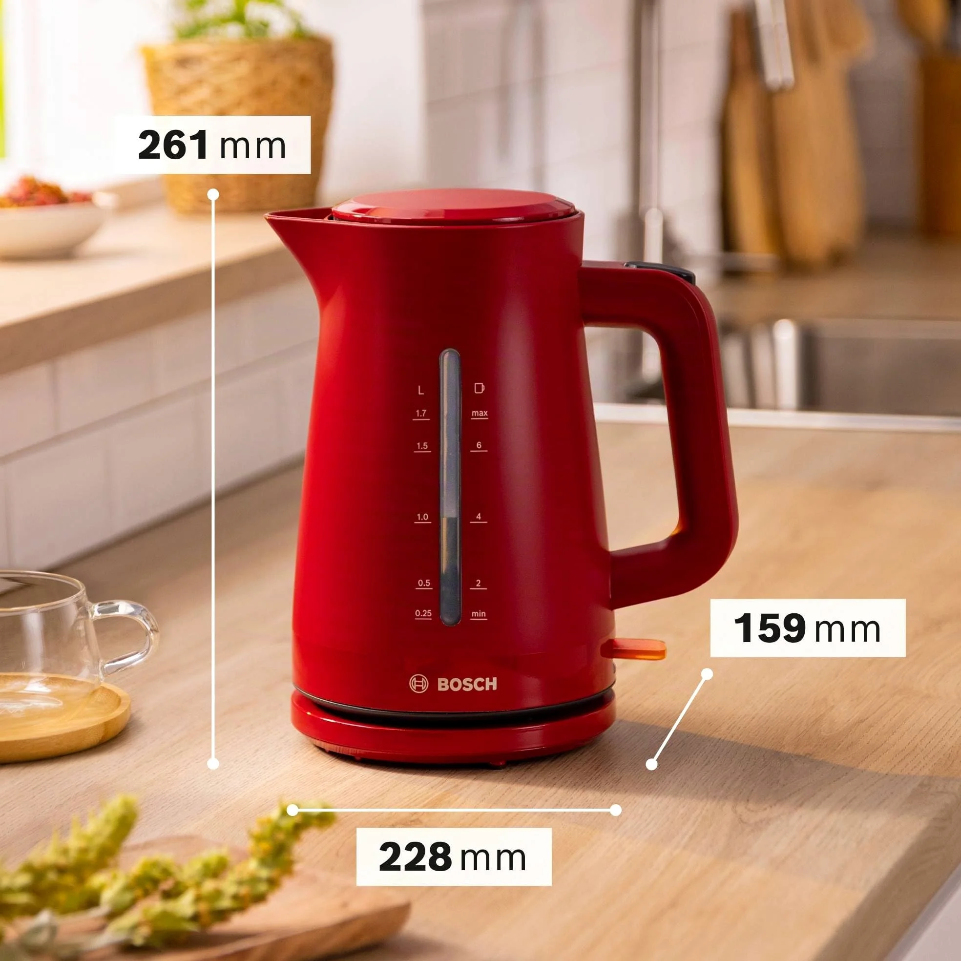 Bosch - hervidor eléctrico, MyMoment, manejo ergonómico, triple sistema de seguridad, filtro antical, capacidad de 1,7 l, rojo intenso, TWK3M124 | Hervidor, calentamiento rápido, filtro extraíble, indicador de nivel de agua, apagado automático, fácil de l