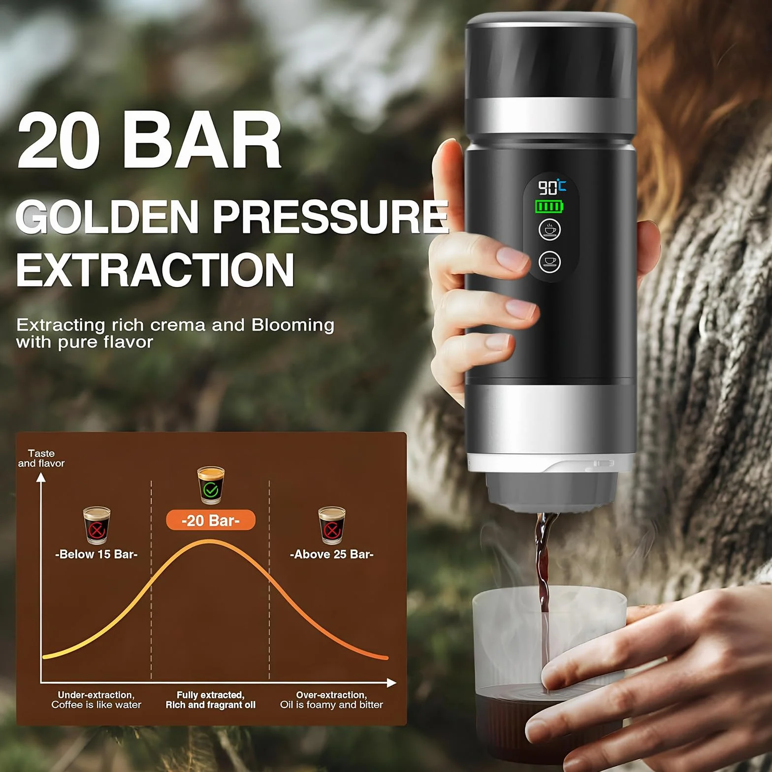 VHV Mini máquina de café inalámbrica de 90 ml, 3 en 1, con USB, compatible con cápsulas y café molido, gadgets de autocaravana y regalos de camping (gris)