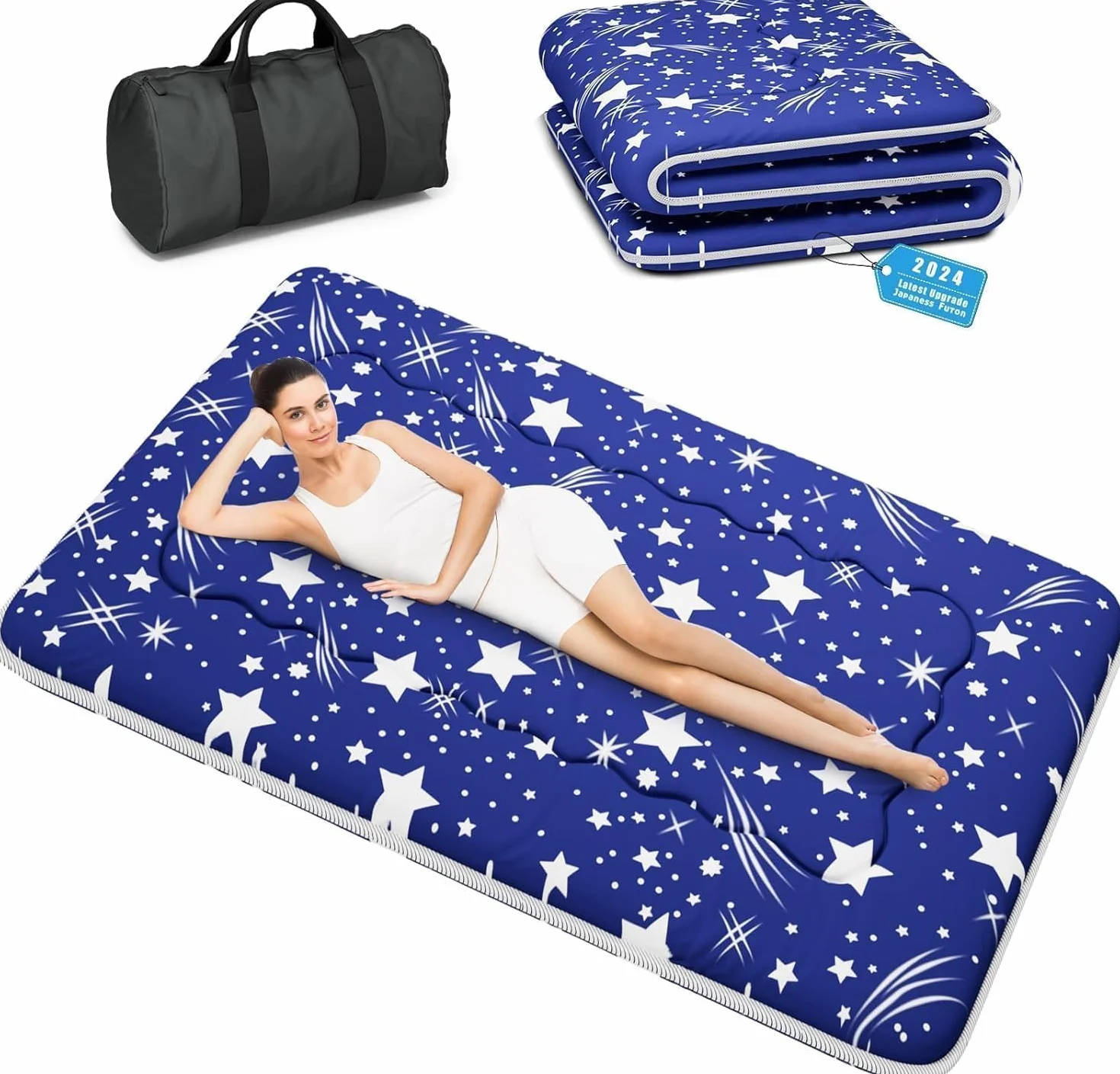 Kiseely Colchones para futones, Colchón futón japonés, Tatami Plegable, portátil, con Bolsa y Correa, para Dormitorio, colchón de Suelo Grueso, colchón Enrollable para Acampar (Azul RC1, 120X200cm)
