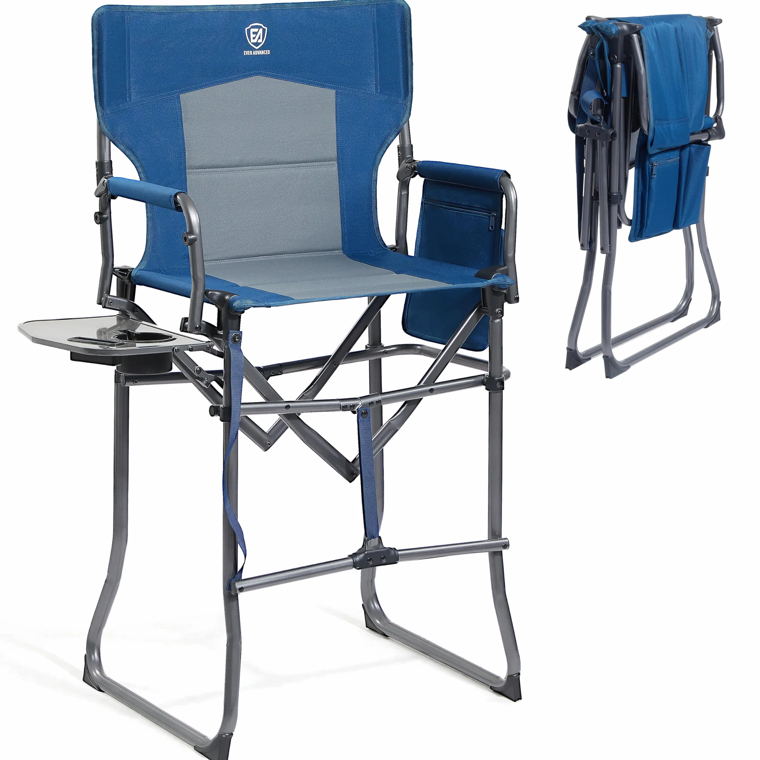 EVER ADVANCED Silla plegable portátil de 30.7 pulgadas de altura del asiento, silla de directores, taburete de bar alto plegable con mesa auxiliar para maquilladores, camping, eventos deportivos,