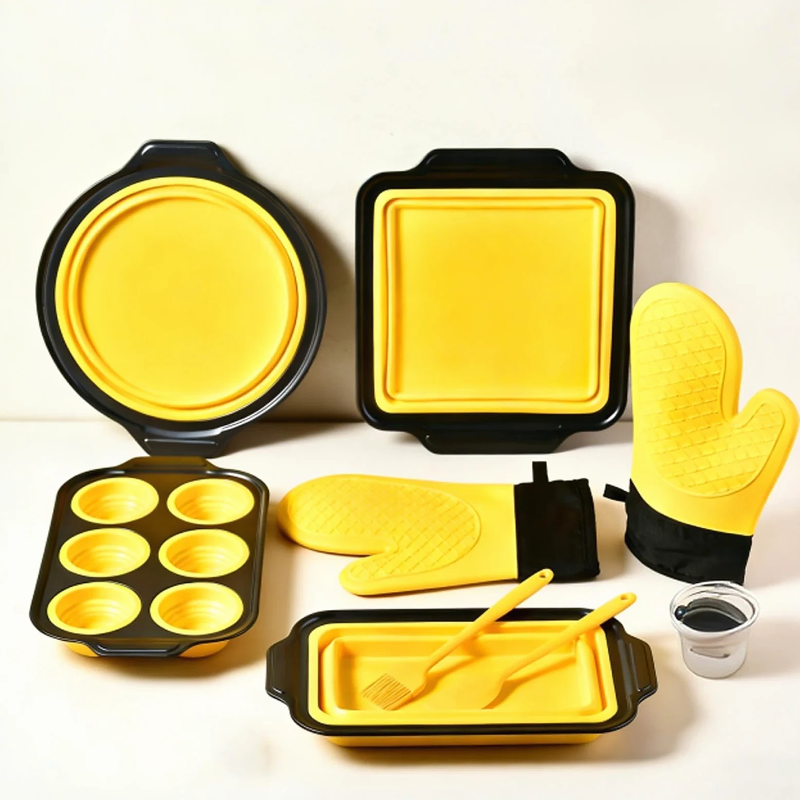 Genérico Molde de Silicona para Hornear Vajilla Flexible para Hornear | con Guante, Rasqueta y Cepillo Set Apilable Resistente al Lavavajillas, para Magdalenas, Pan, Galletas, Cupcakes, Huevos,