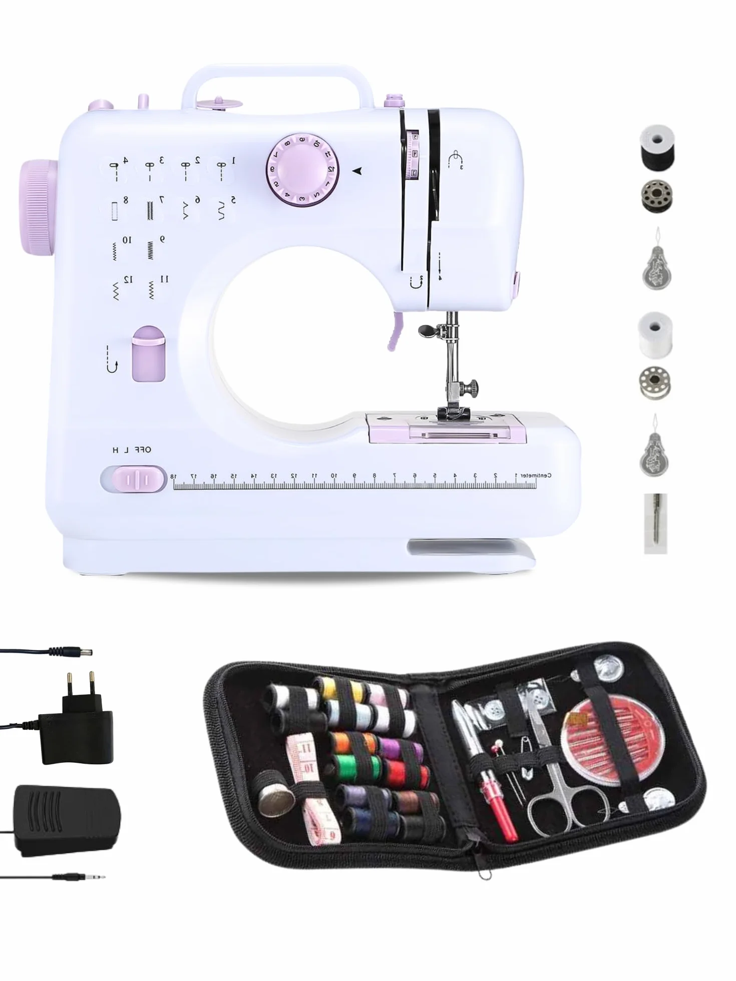 MAGIC SELECT Máquina de Coser Portátil con 2 Velocidades y 12 Puntadas | Pedal Incluido, 2 Carretes, Aguja de Recambio, Cortador de Hilo, Luz de Trabajo, Funciona con Cable o Pilas AA