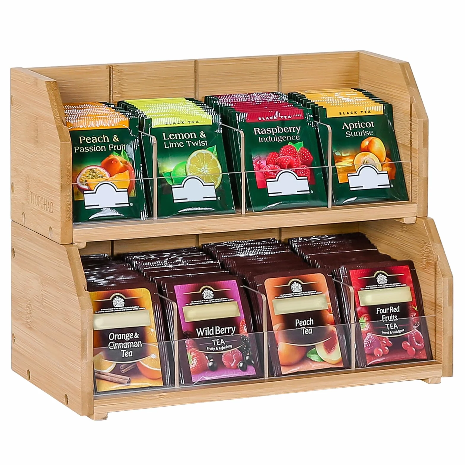 TIOPGHAD Organizador de bolsas de té de bambú apilable de 2 capas, soporte de almacenamiento para bolsas de té, contenedores de madera para té, estante de estación de té para gabinete, encimera