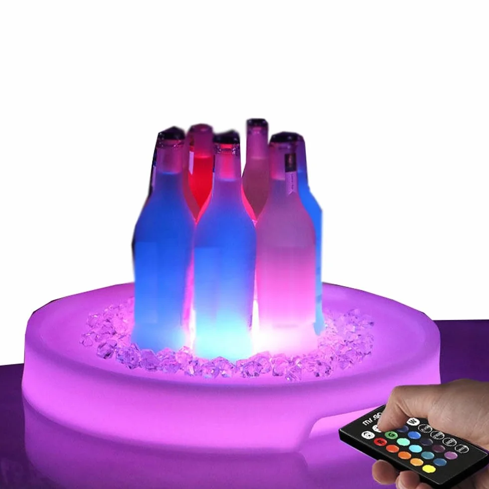 Bandeja de servir con luz LED, plástico impermeable recargable, bandeja redonda con control remoto para fiestas, discotecas, karaoke, 16 opciones de color