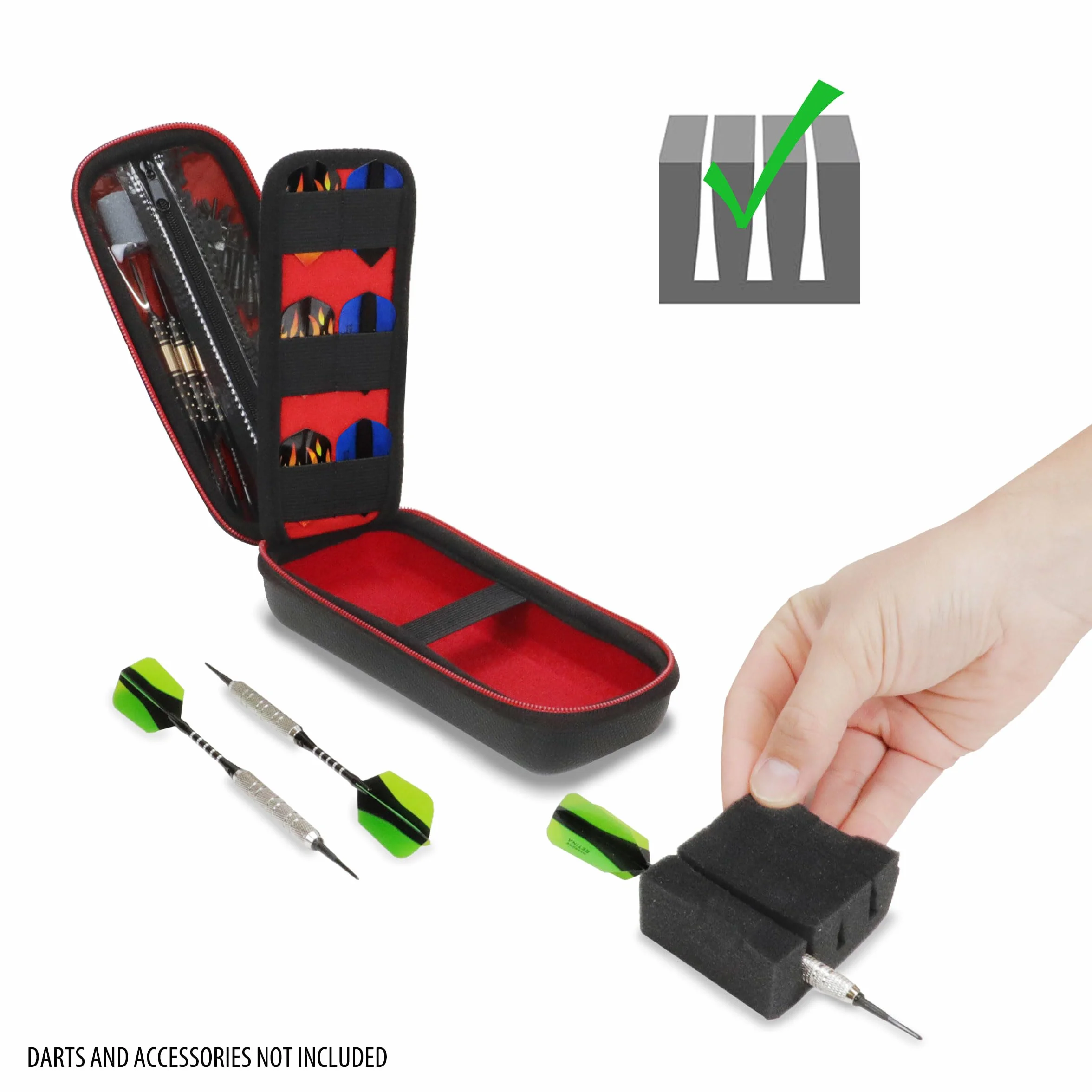 USA Gear Funda para Dardos - Estuche 3 Dardos de Punta Blanda con Compartimento Puntas de Plástico, 12 Ranuras Plumas, Varillas y Otros Accesorios - Diseño de Espuma con Cierre Seguridad (Rojo)