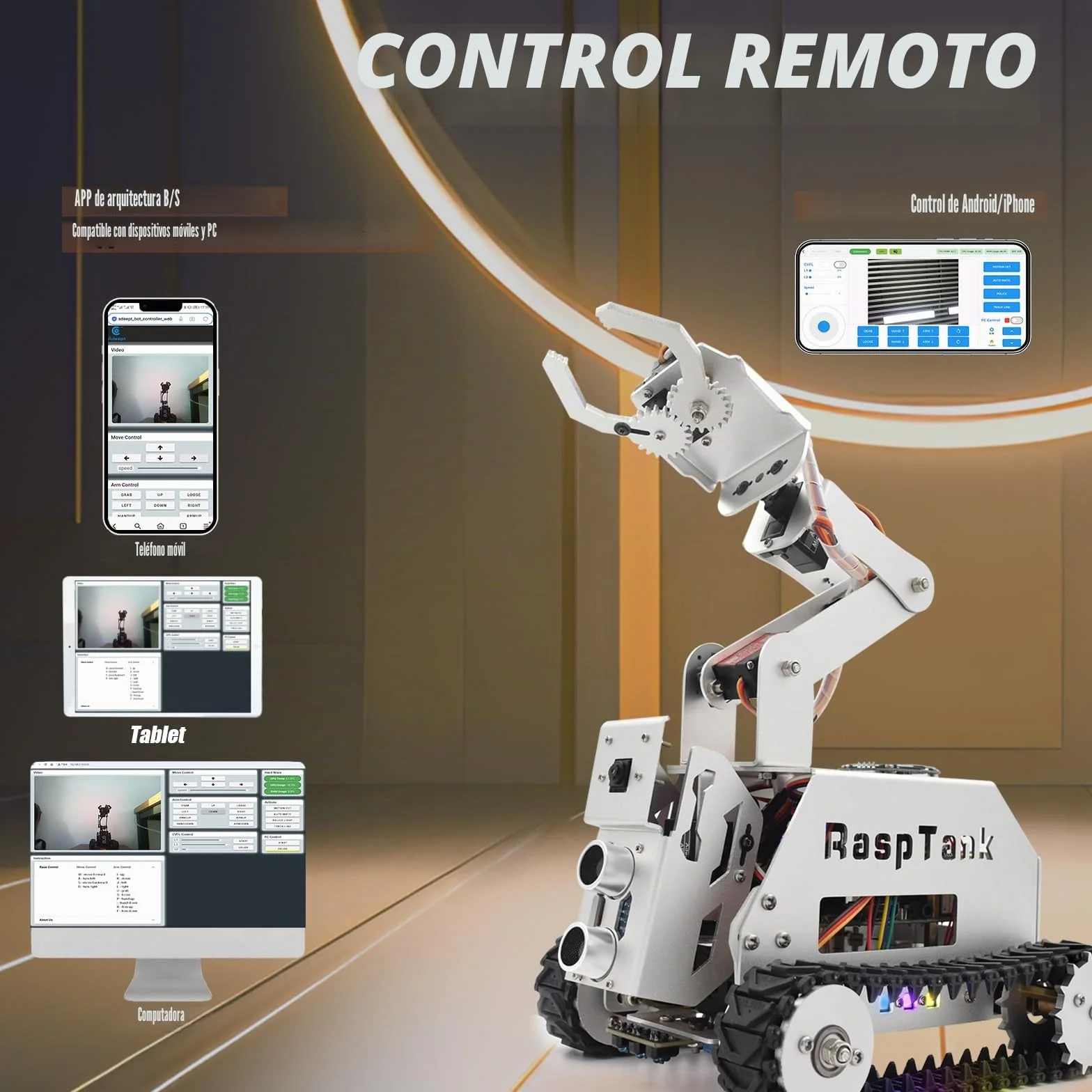 Adeept RaspTank - Kit de Coche Inteligente de Metal para Raspberry Pi 5/4B/3B/3B+ (Placa no incluida), Robot rastreado por Tanque con Brazo robótico de 4 DOF, prevención de obstáculos, Seguimiento de