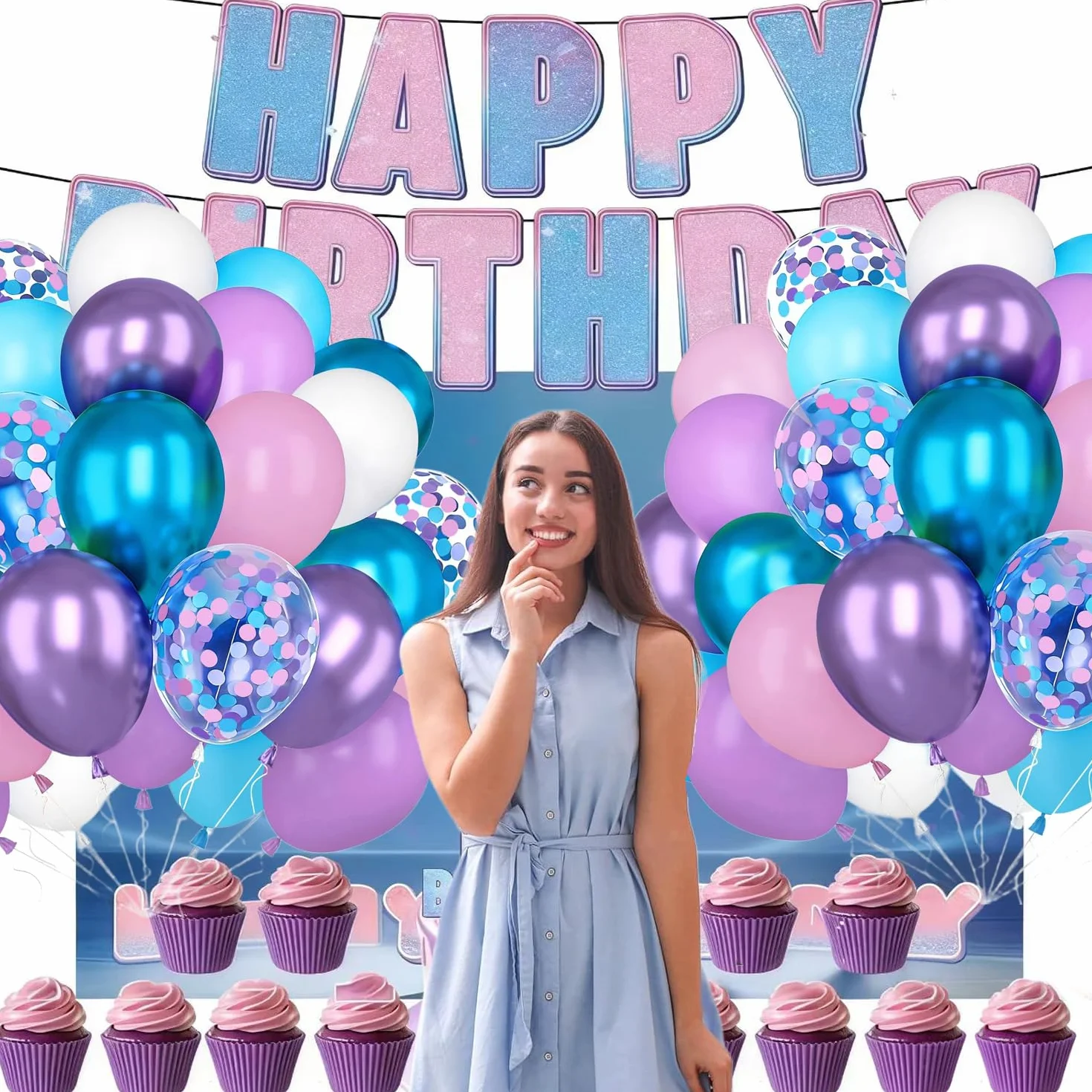 Globos Rosa Morado Azul, 60 Piezas Globo Rosa Morado Blanco Azul Con Globo De Confetti Dorado, Globos Púrpura Pink Para Fiesta Cumpleaños Baby Shower Niña Decoraciones Género Despedida de Soltera