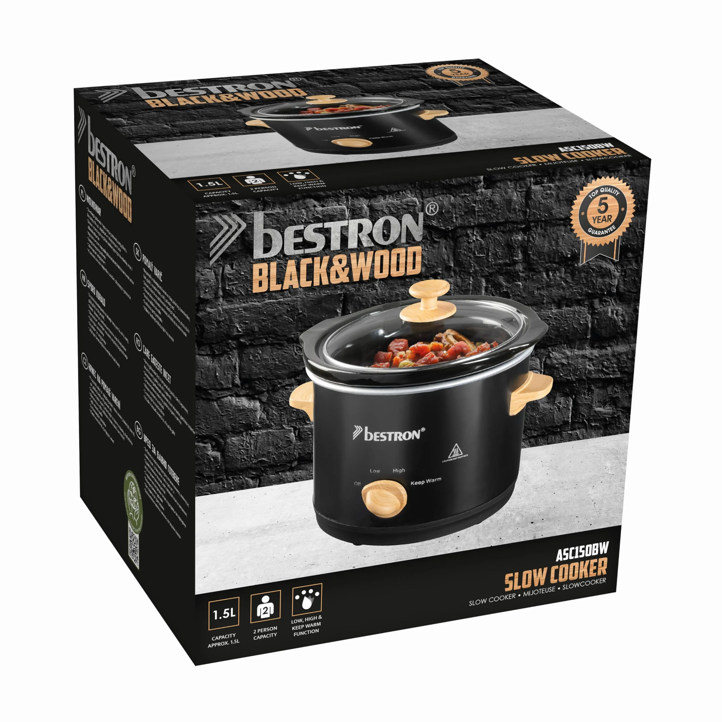 Bestron Slowcooker 1.5 L Olla de Cocción Lenta con Cacerola de Cerámica y Tapa de Vidrio, Termostato 3 Niveles, Negro/Madera