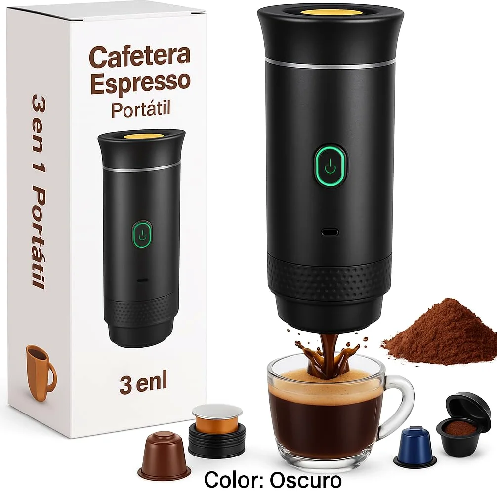 Genérico Cafetera Portátil Cápsulas 3 en 1 – Compatible con Cápsulas Pequeñas y Grandes + Café Molido – Autocalentamiento Rápido – Ideal Viajes, Oficina y Camper. (Negro)