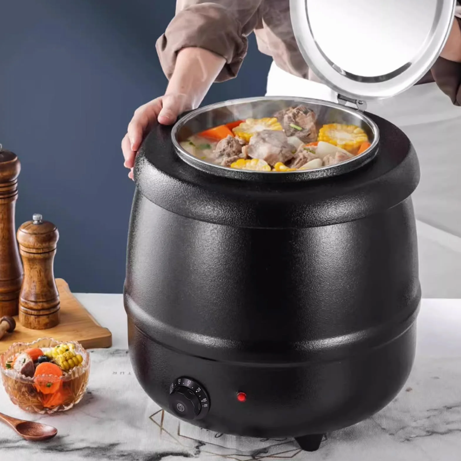 Olla Eléctrica Comercial de Acero Inoxidable, 10 Litros, Calentador para Sopa, Queso y Vino Caliente con Recipiente Extraíble, Control de Temperatura 30-85°C